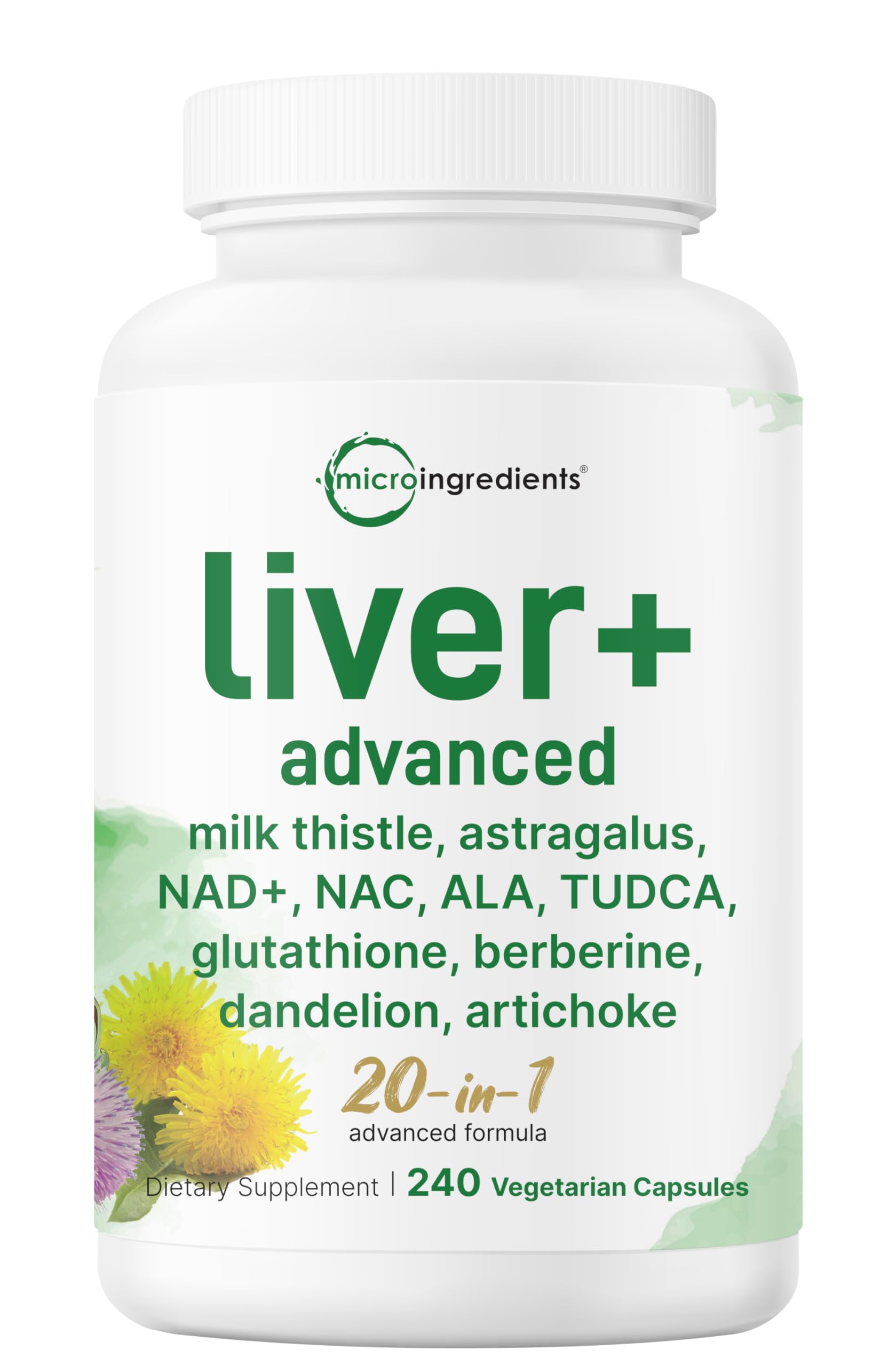 Botella de Liver Advanced+ de Micro Ingredients lista para uso diario.