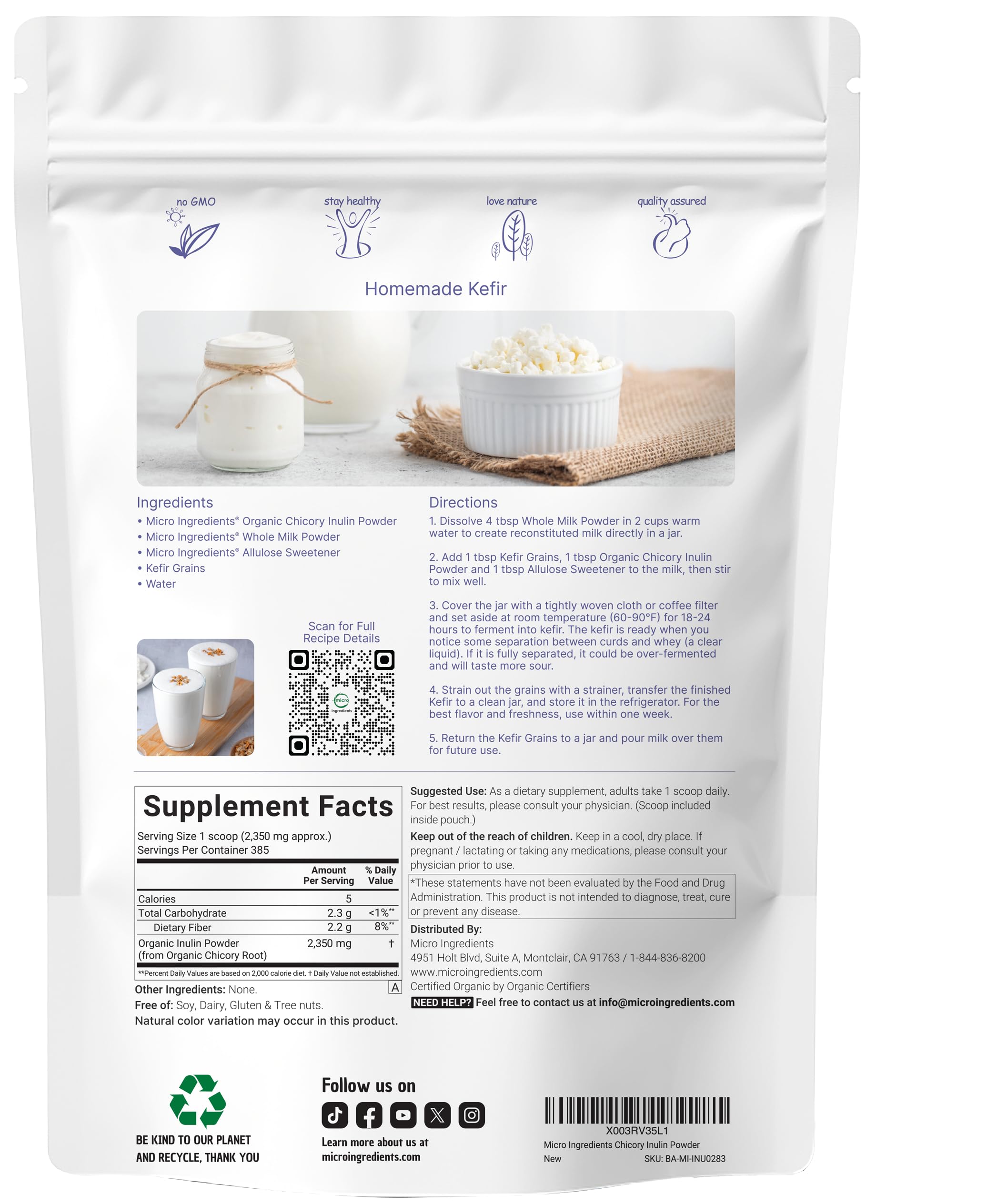 Envase de 2 libras de inulina orgánica Micro Ingredients para suministros prolongados