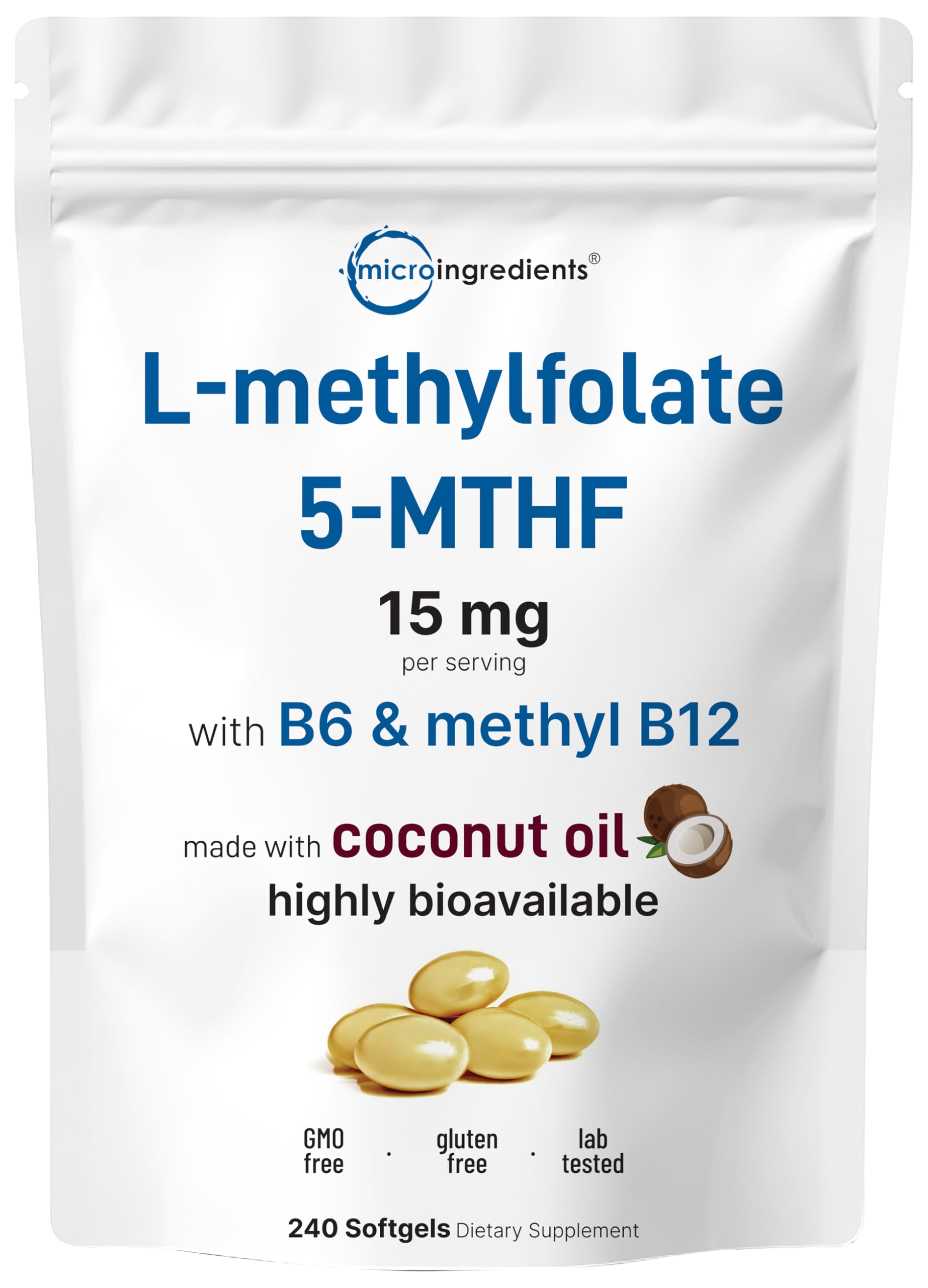 Micro Ingredients L-Methylfolate softgels en botella para apoyo diario de vitaminas B.