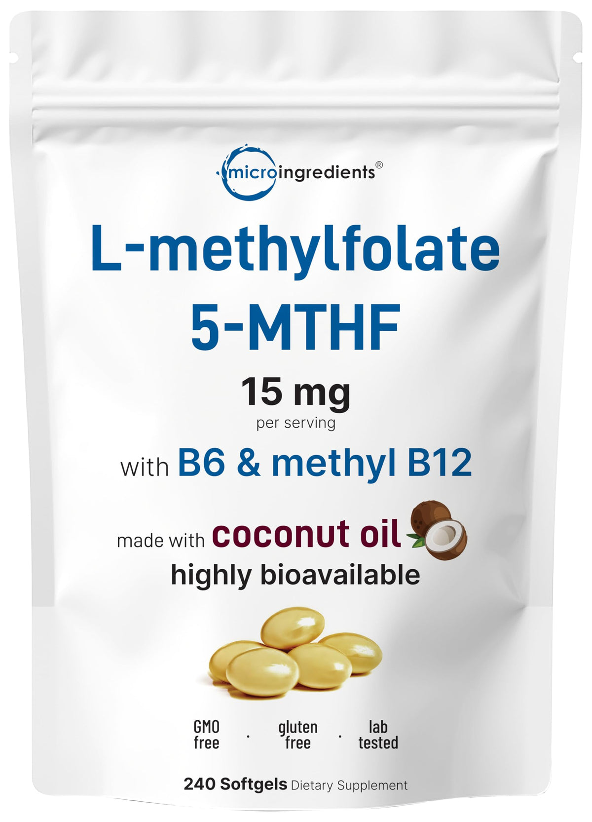 Micro Ingredients L-Methylfolate softgels en botella para apoyo diario de vitaminas B.