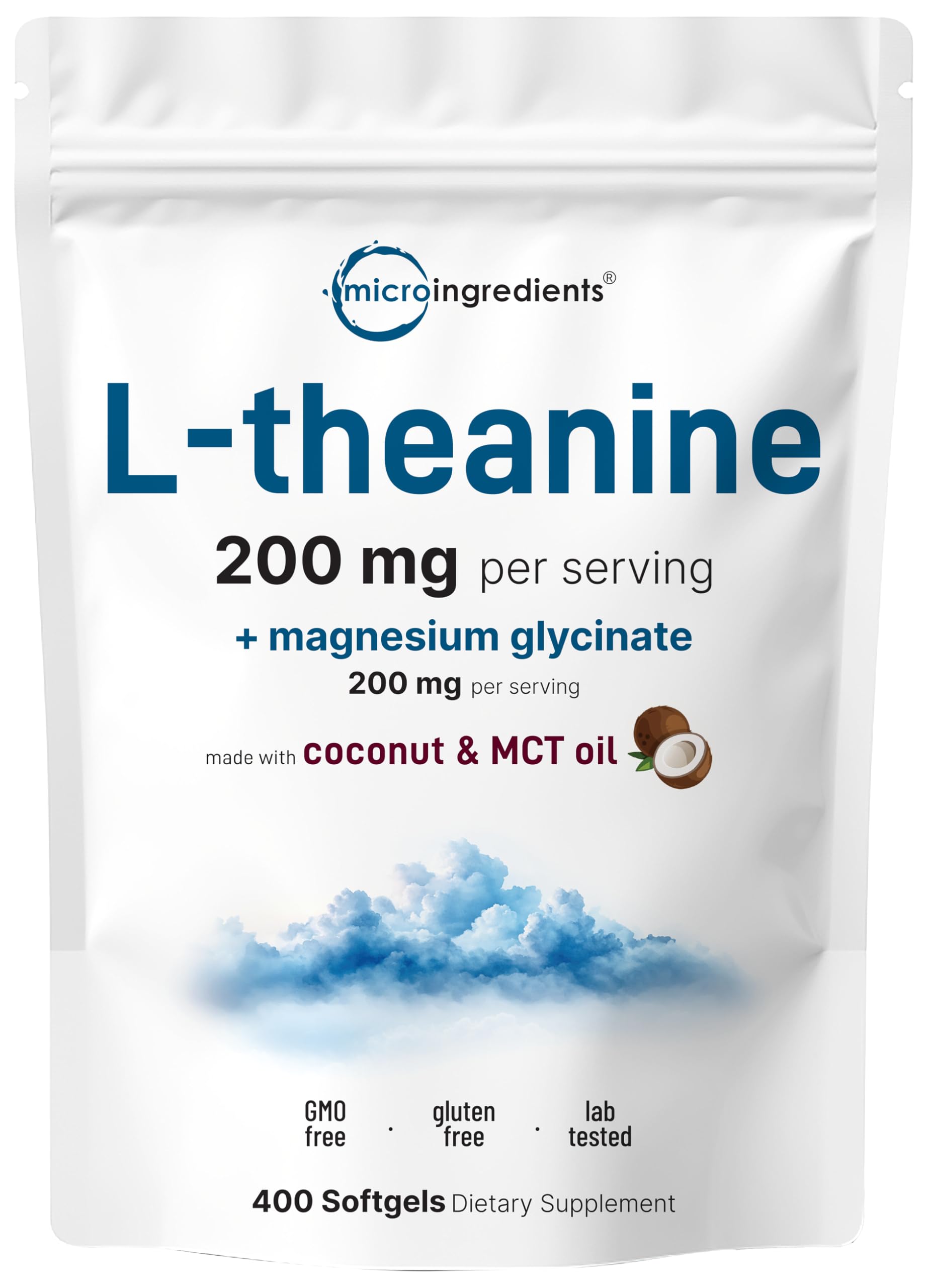 Micro Ingredients L-Teanina 200 mg con magnesio glicinato, cápsulas suaves de coco para relajación suave.