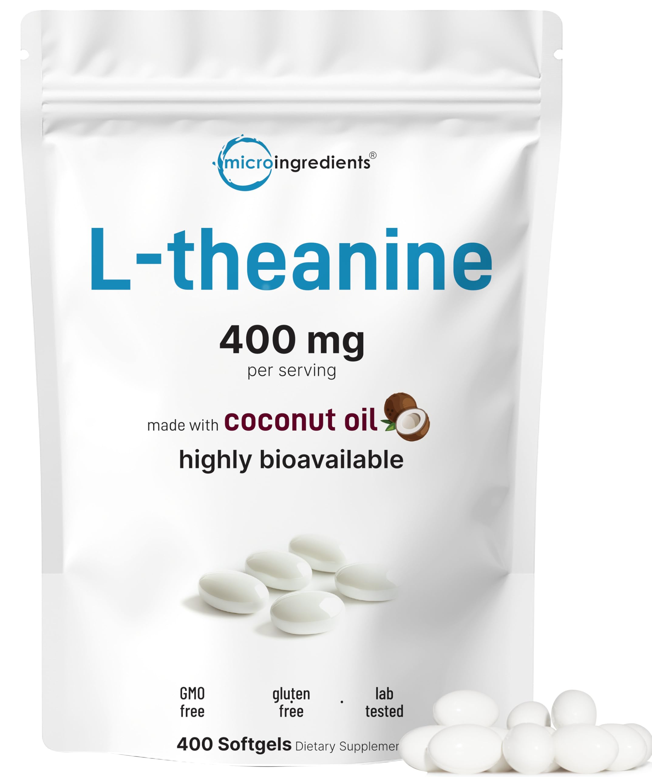 Micro Ingredients L-Teanina 400 mg: botella con cápsulas suaves para calma diaria.