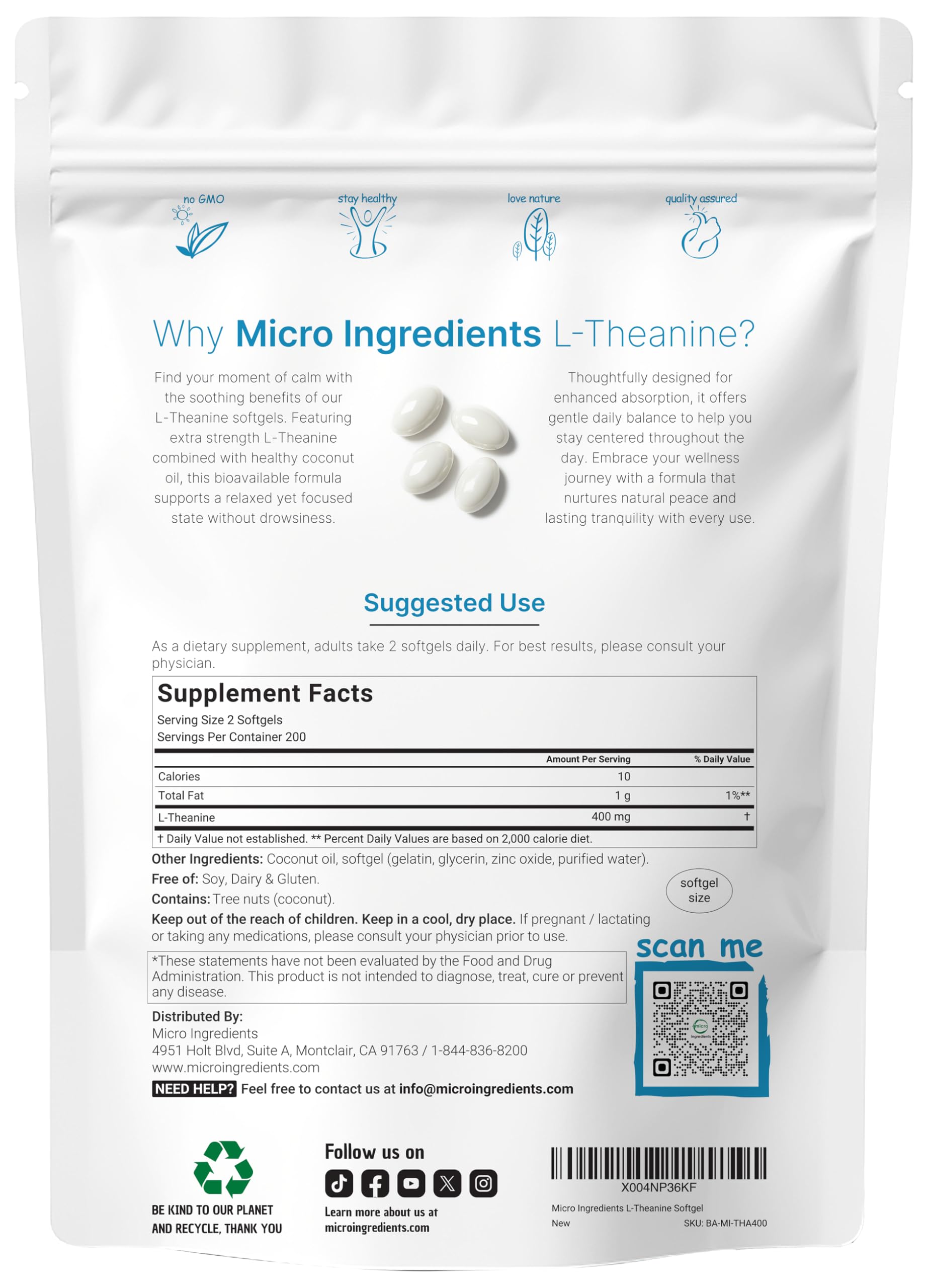 Micro Ingredients L-Teanina 400 mg: cápsulas suaves para absorción eficaz.