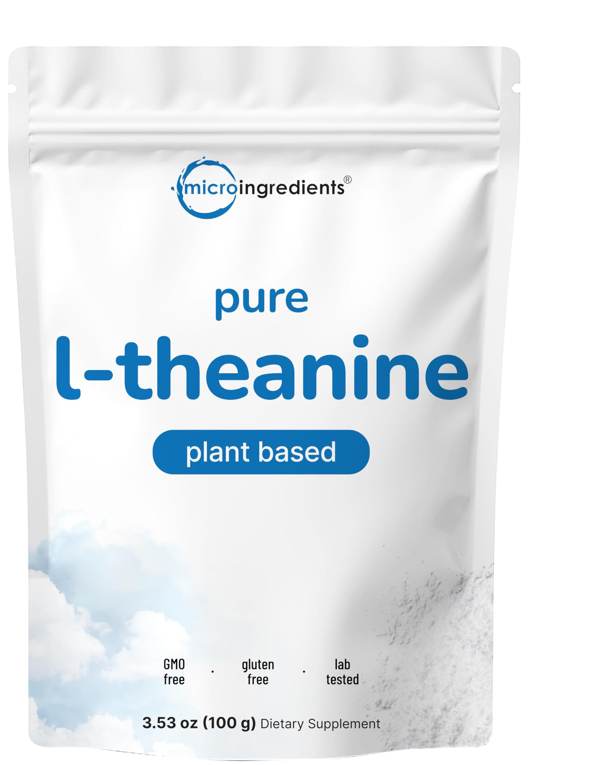 Micro Ingredients L-Theanine en polvo en frasco, ideal para añadir a batidos.