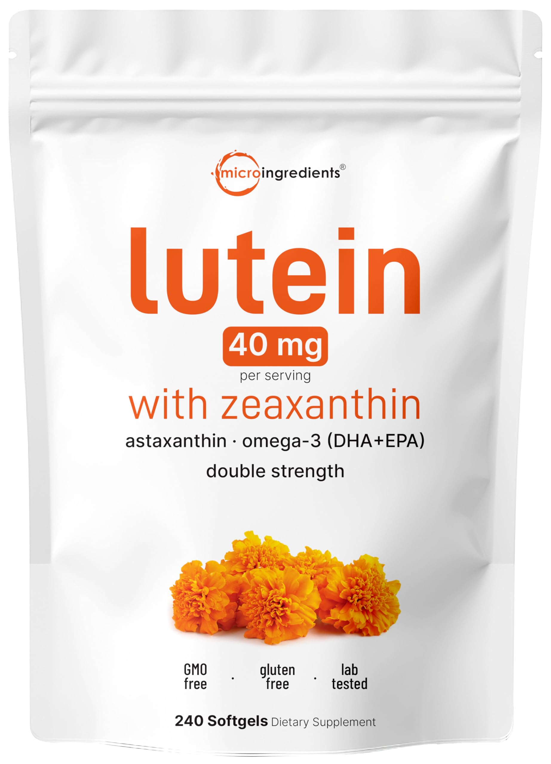 Micro Ingredients Luteína Zeaxantina 40 mg – bote frontal, apoyo a la salud visual diaria.