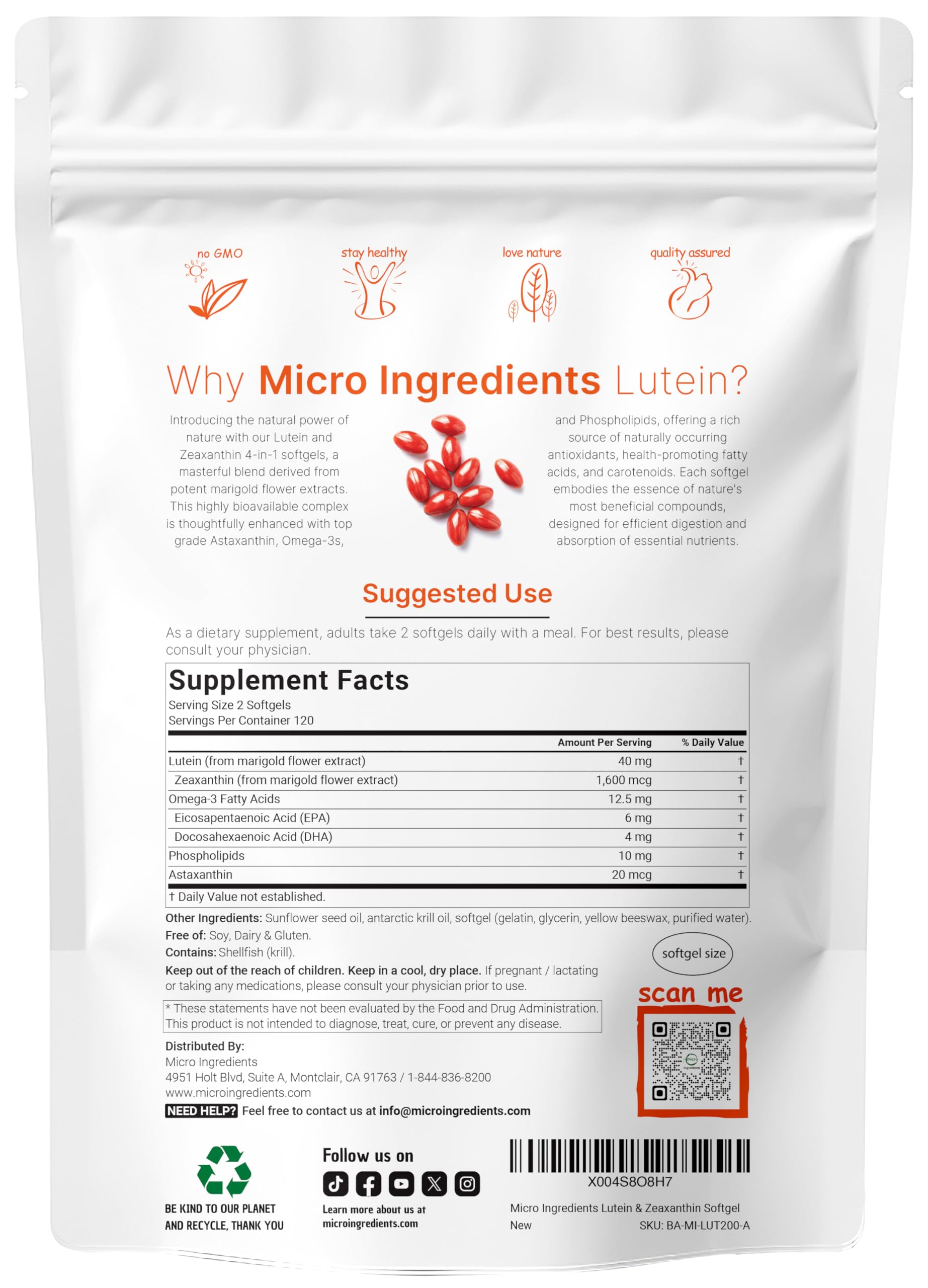 Micro Ingredients Luteína Zeaxantina 40 mg – etiqueta del producto, verificación de ingredientes.