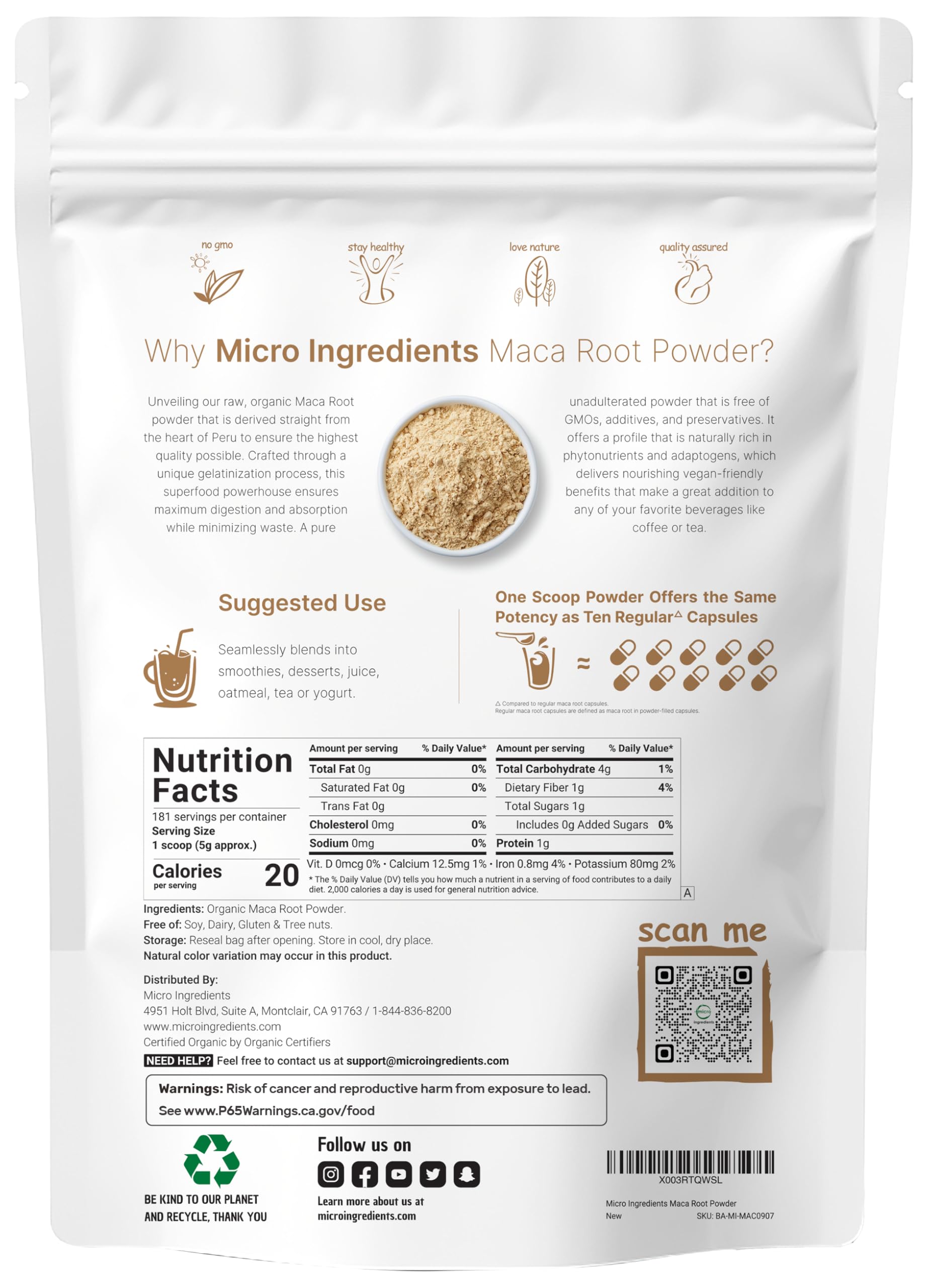 Micro Ingredients Maca Orgánica polvo para café y té, ideal para bebidas.