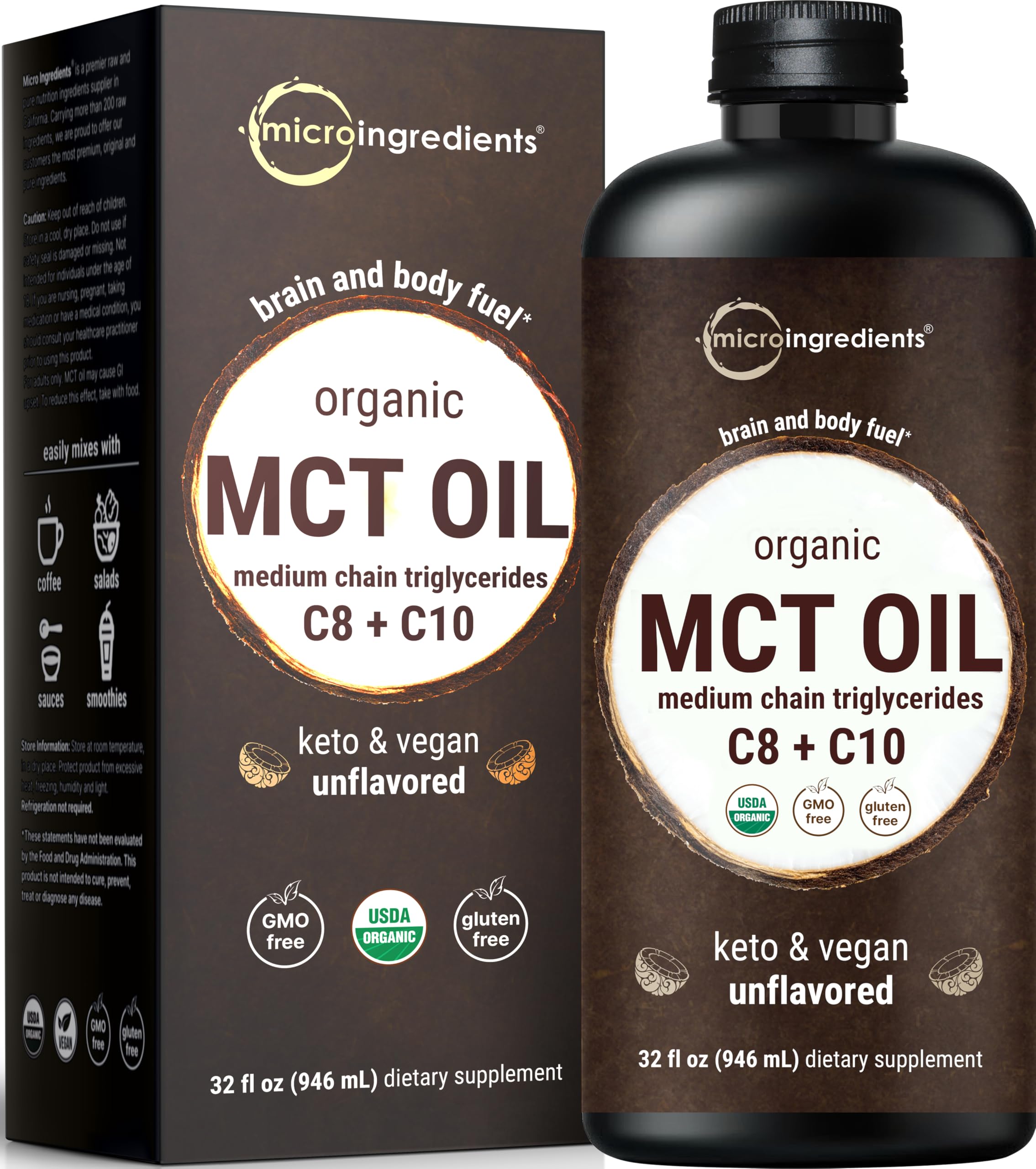 Botella Micro Ingredients MCT Oil Orgánico de 32 oz lista para uso diario