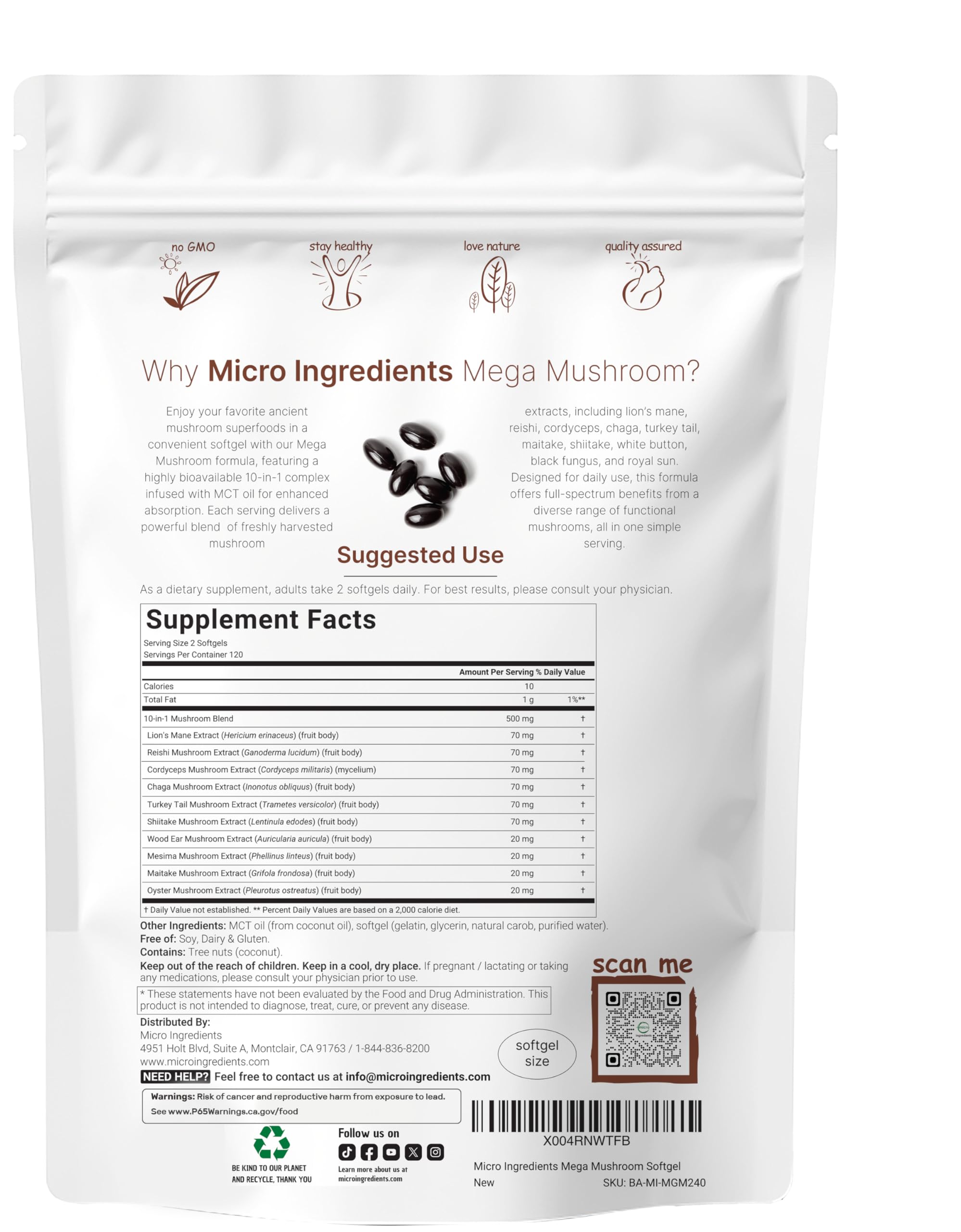 Micro Ingredients Mega Hongo, cápsulas de gel, formato práctico para uso diario.
