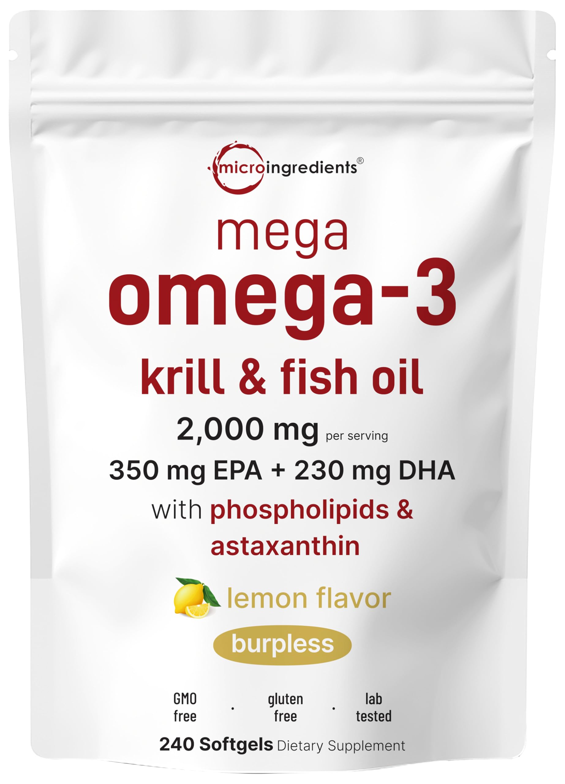 Micro Ingredients Mega Omega-3 con limón, cápsulas softgel para sabor suave e ingesta diaria.