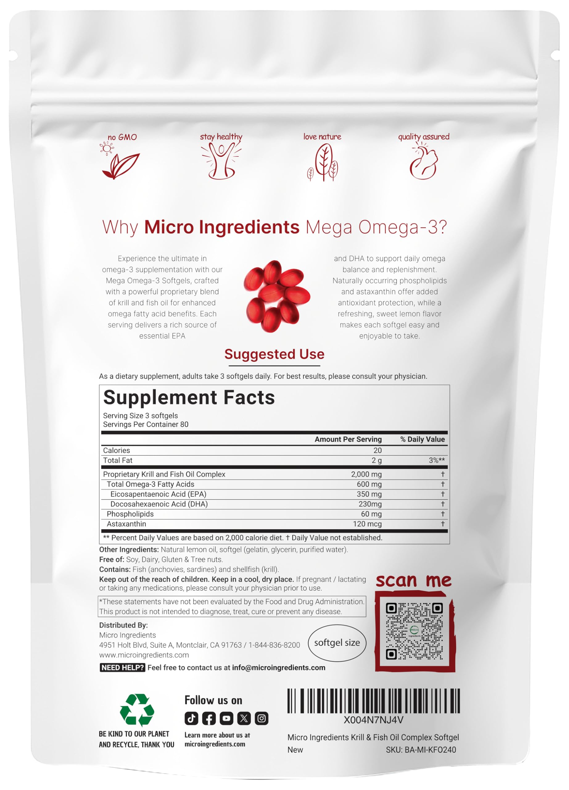 Micro Ingredients Mega Omega-3 en pouch para apoyo diario al bienestar.