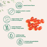Micro Ingredients Mega Omega-3: cápsulas con recubrimiento enterico para absorción suave.