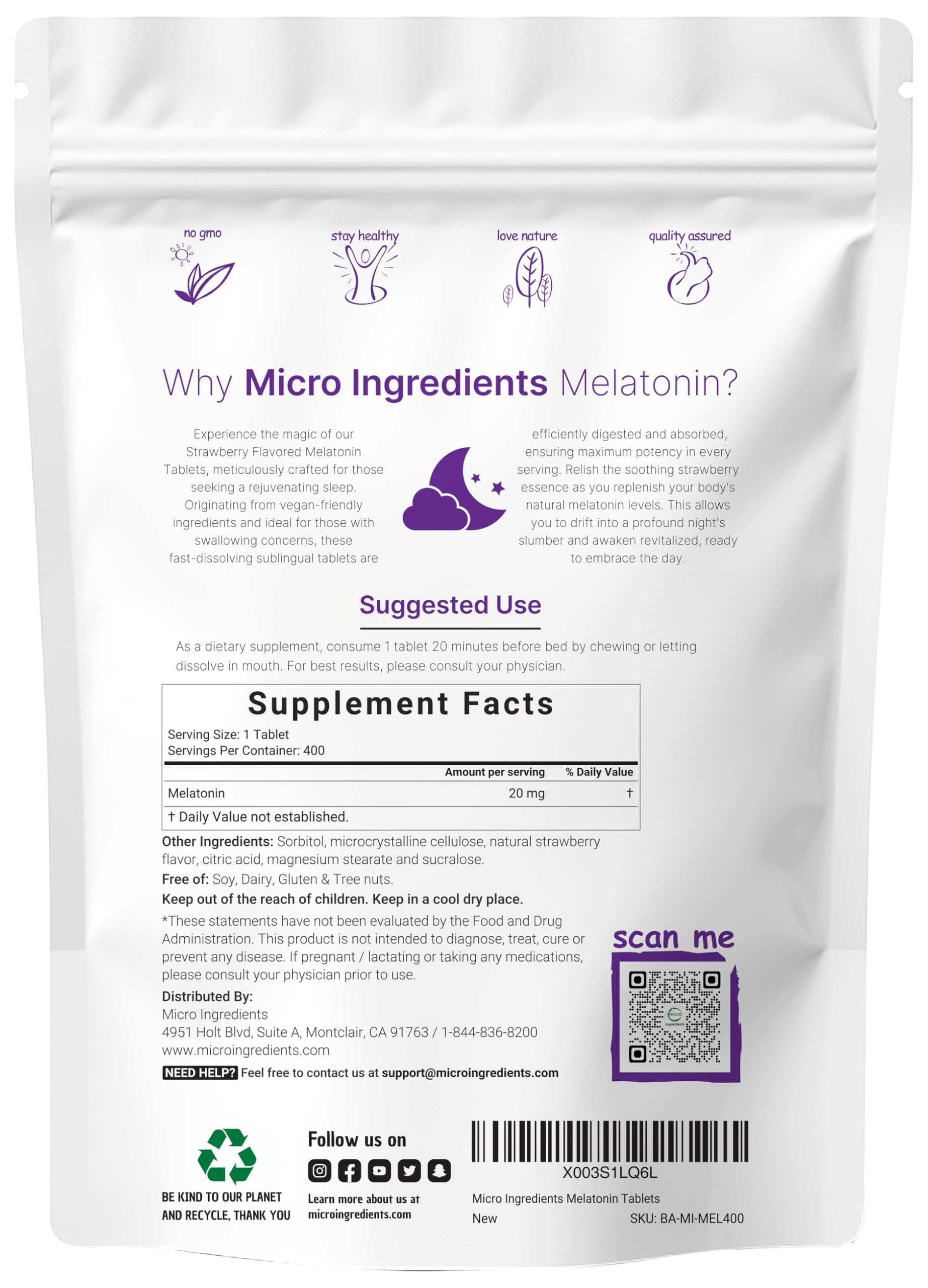Melatonina Micro Ingredients sabor fresa natural, disolución rápida para facilidad de toma.