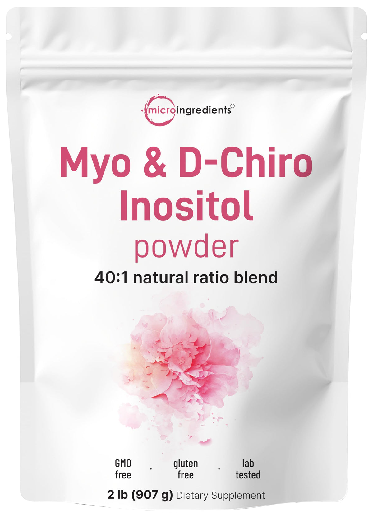 Micro Ingredients mio-inositol y d-chiro-inositol, polvo en bote, apoyo al equilibrio hormonal.