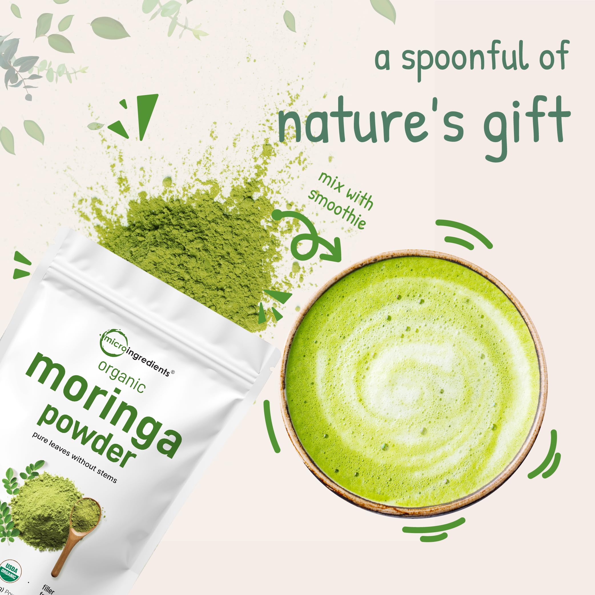 Micro Ingredients Moringa, envase de 2 libras para uso prolongado.