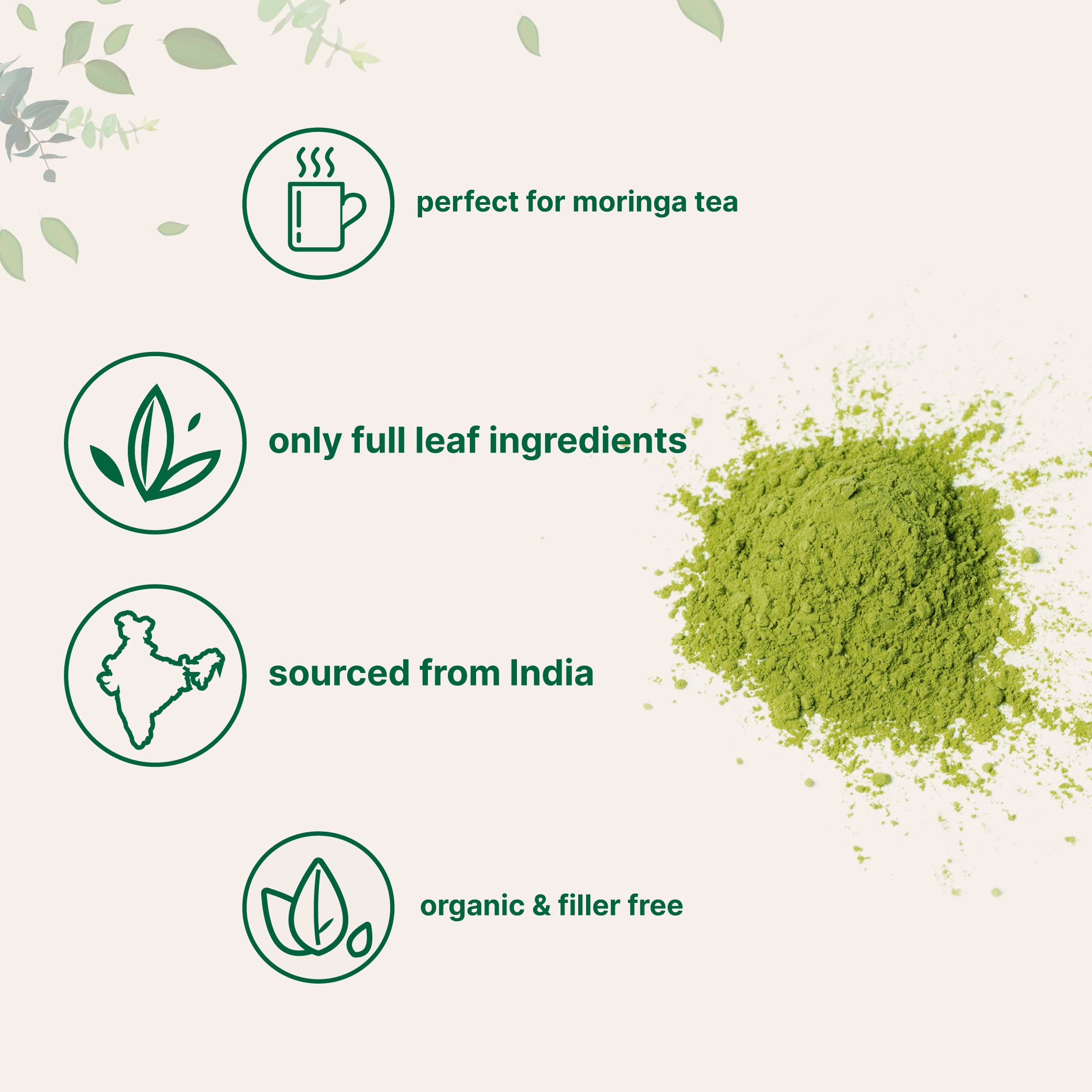 Micro Ingredients Moringa, polvo fino para disolución rápida en bebidas.