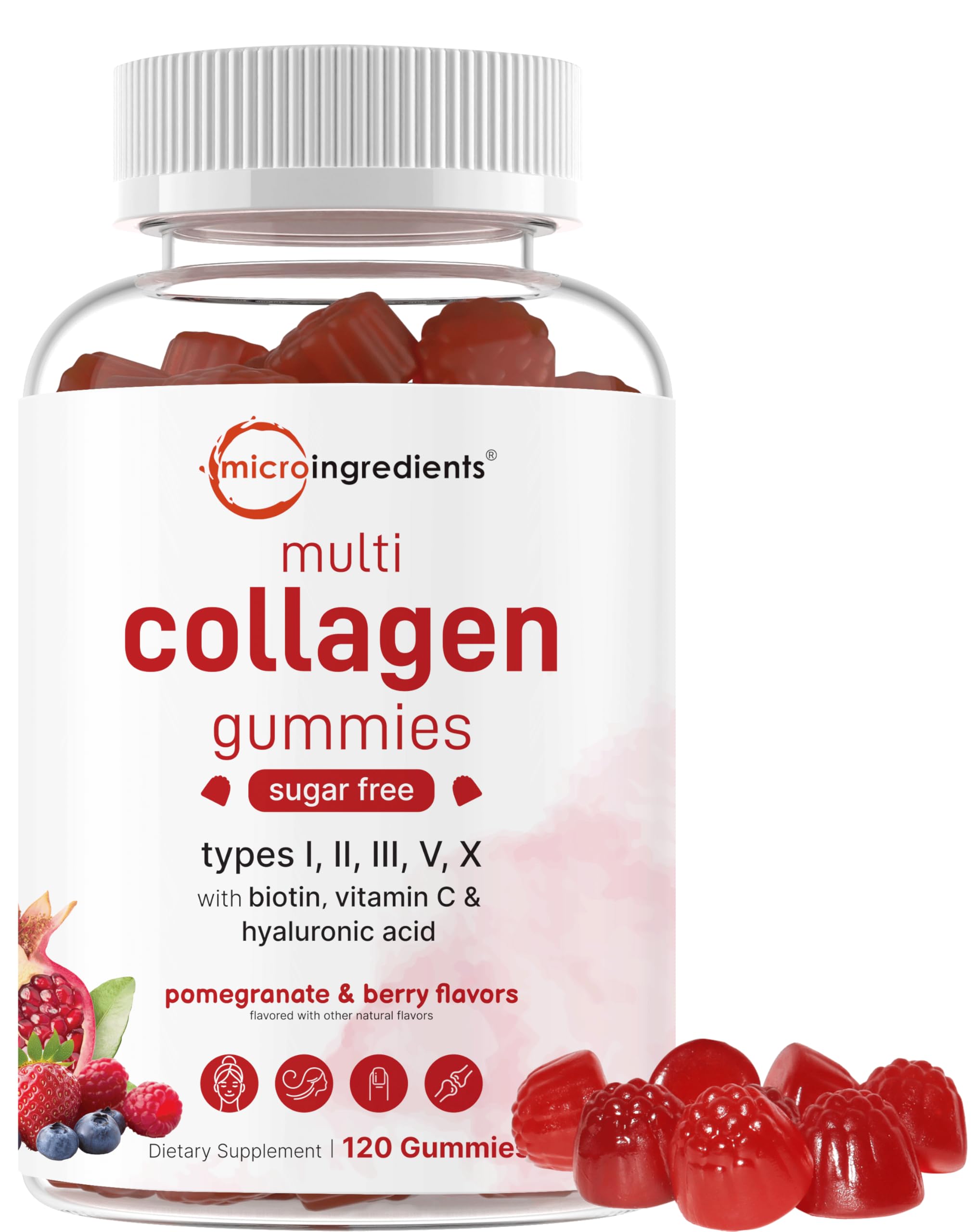 Gomitas Micro Ingredients Multi Colágeno con sabor granada y frambuesa para piel y cabello.