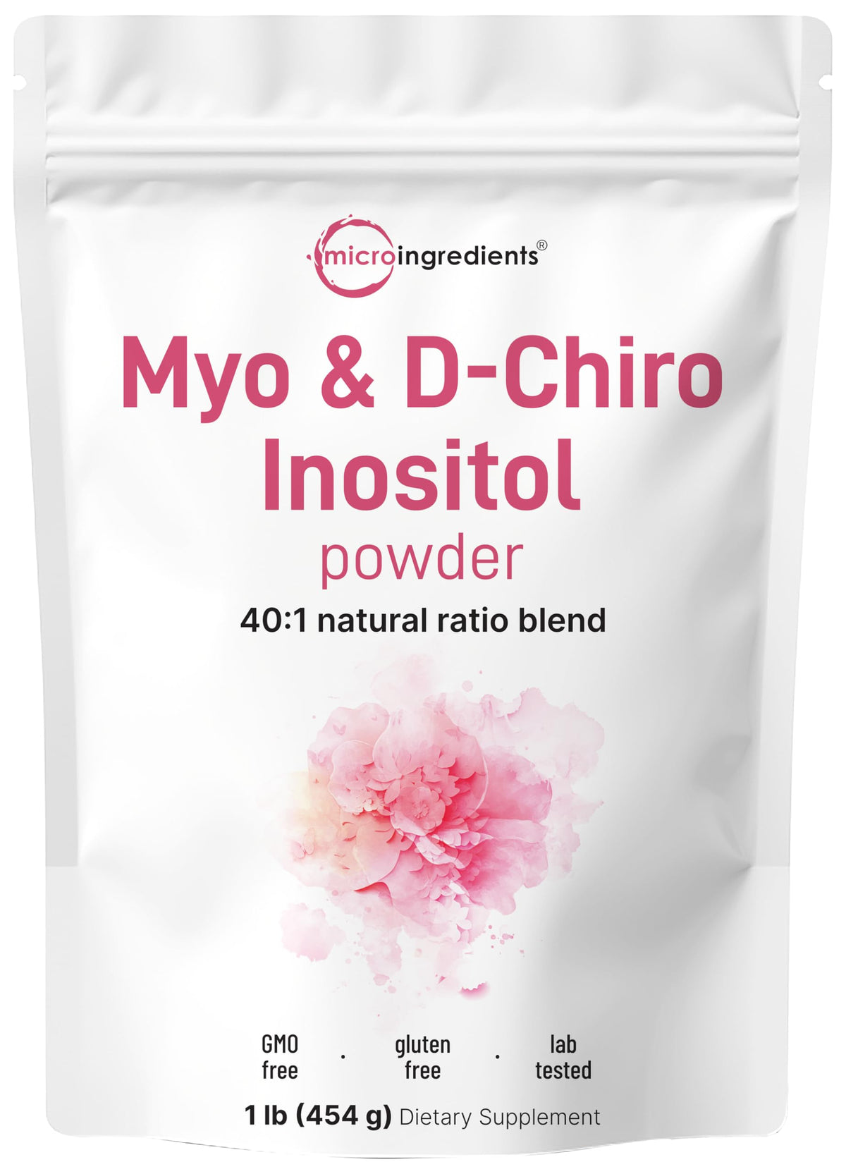 Micro Ingredients Myo-Inositol y D-Chiro Inositol, botella para uso diario y práctico.