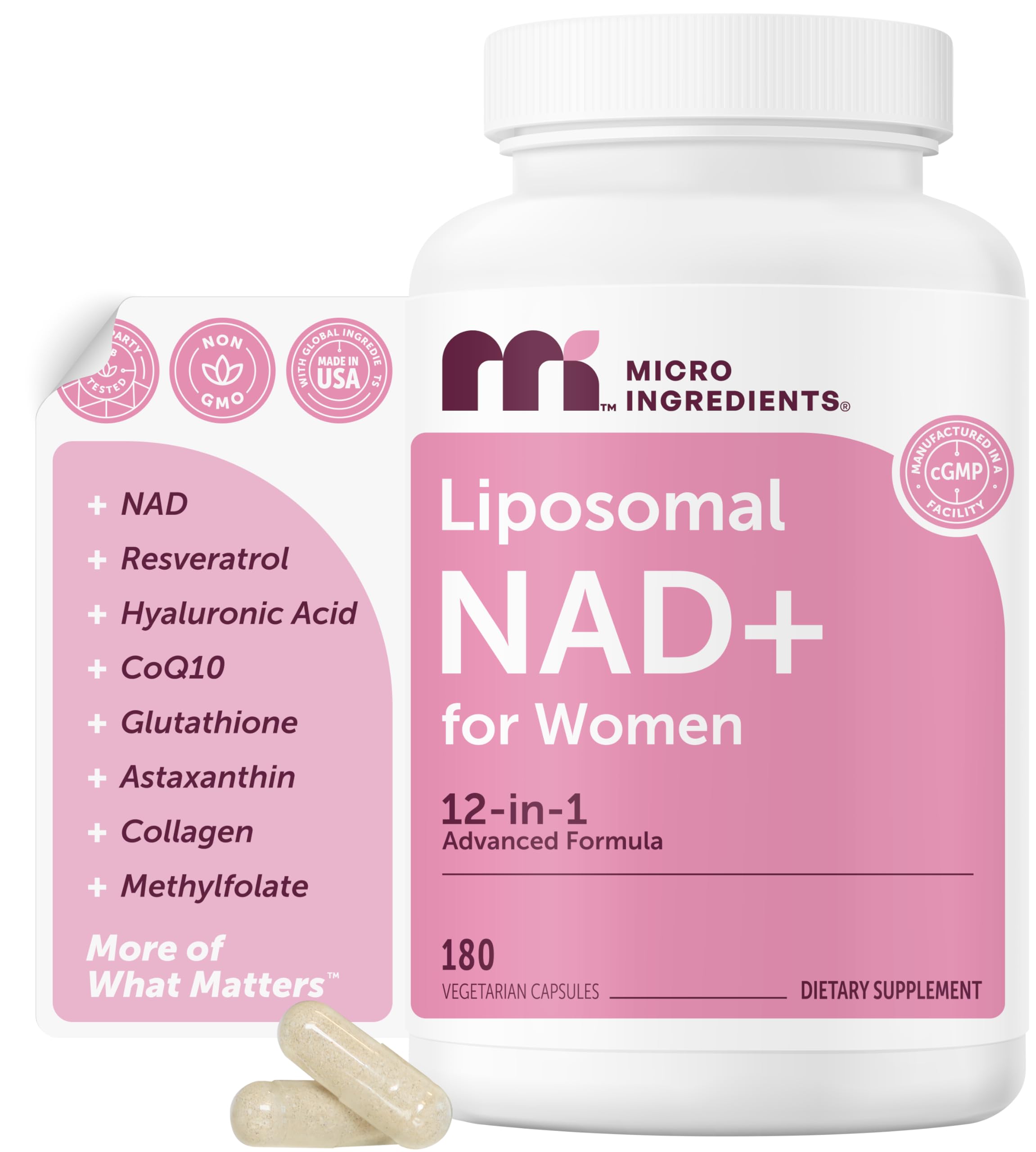 Micro Ingredients Liposomal NAD+ botella derramando facilita la dosis diaria.