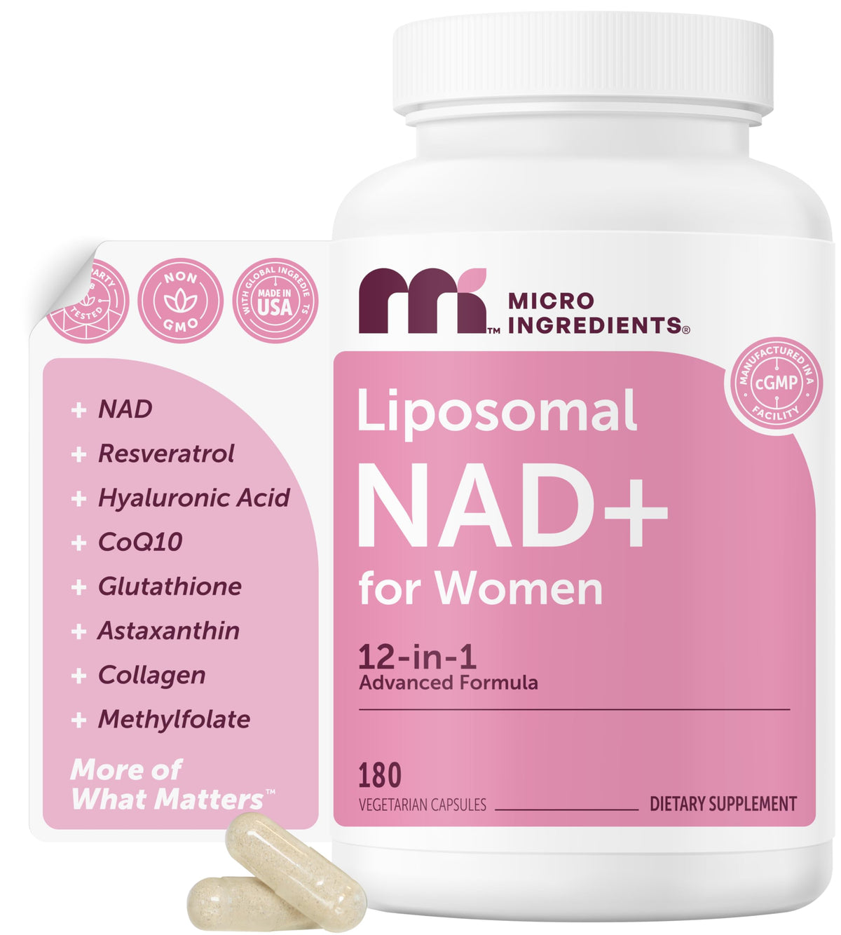Micro Ingredients Liposomal NAD+ botella derramando facilita la dosis diaria.