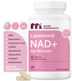 Micro Ingredients Liposomal NAD+ botella derramando facilita la dosis diaria.