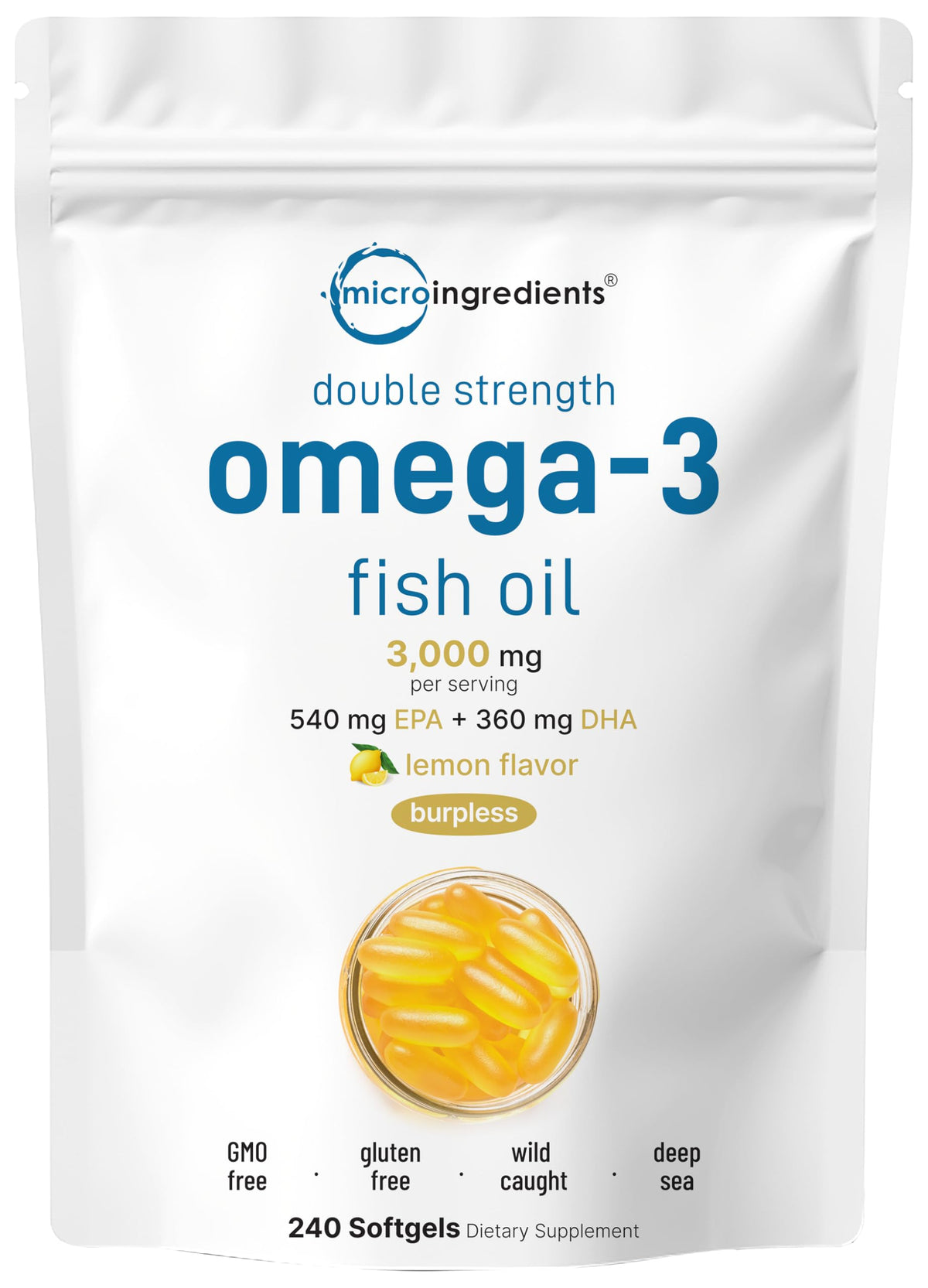 Micro Ingredients Omega-3 3000 mg cápsulas limón, sabor cítrico para uso diario.