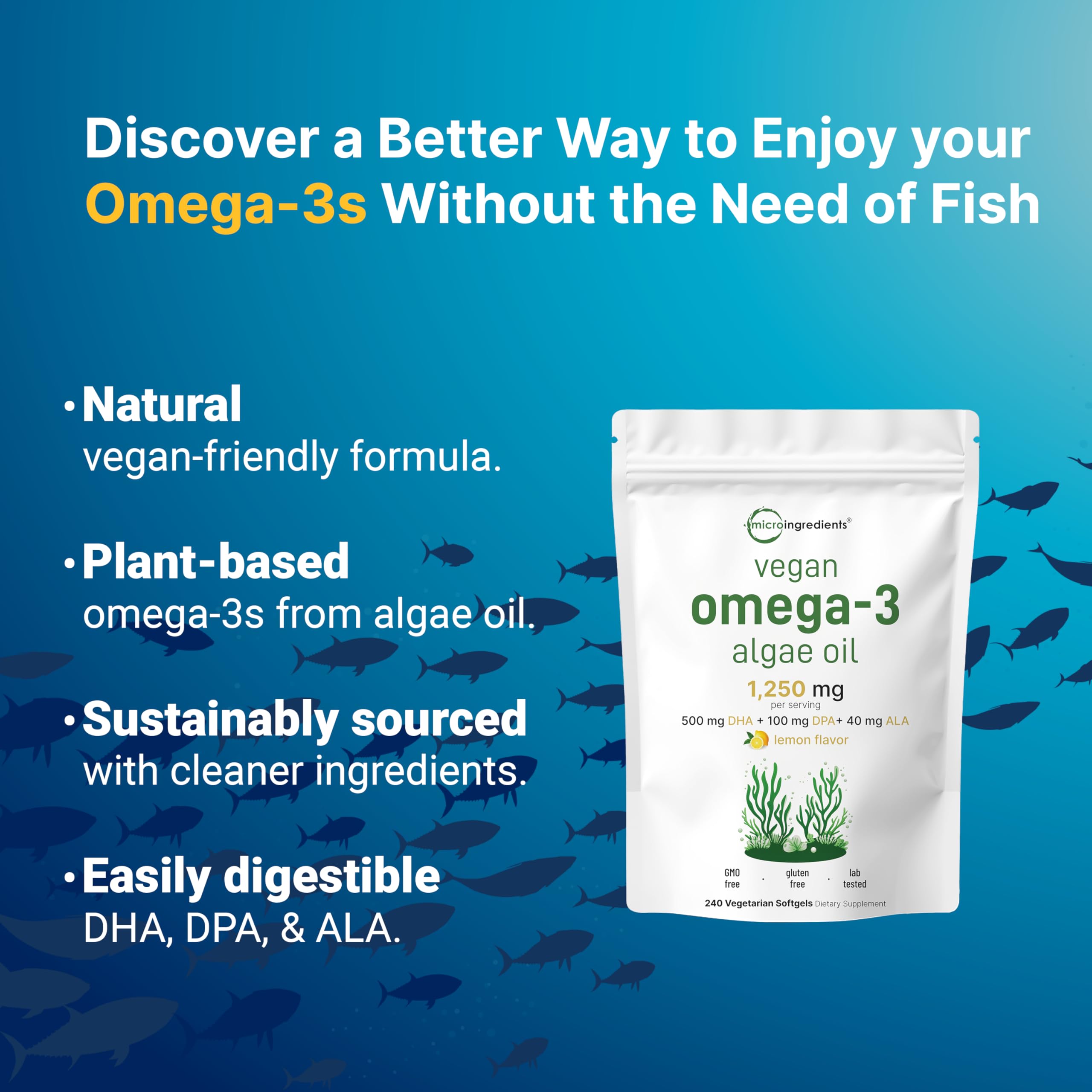 Micro Ingredients omega3 alga bolsa 240 capsulas vegetales lista para consumo diario