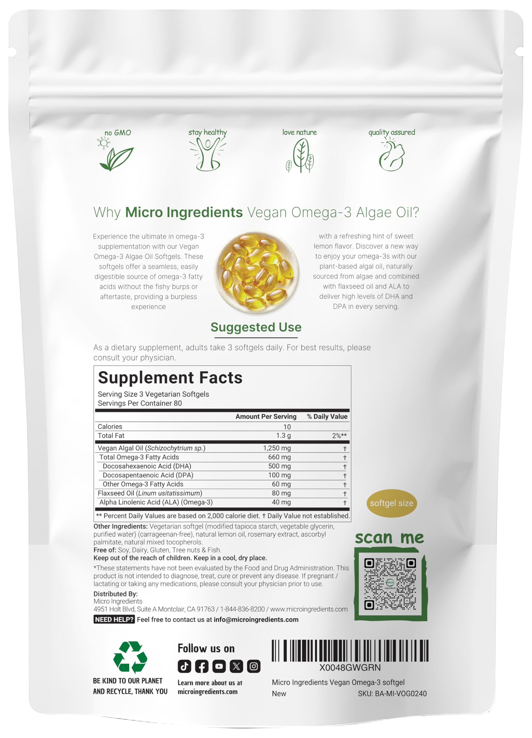 Micro Ingredients Omega3 alga con DHA y DPA para apoyo cerebro y ojos