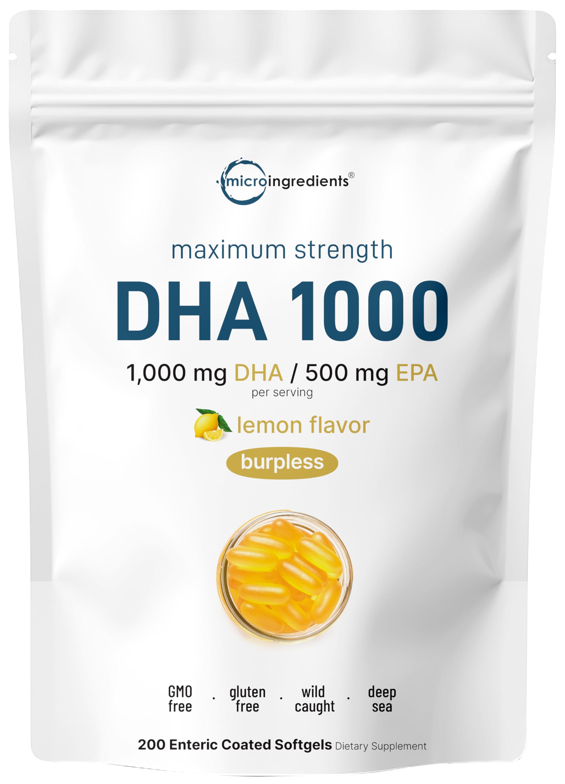 Omega3 Micro Ingredients con sabor a limón, cápsulas suaves para uso diario.