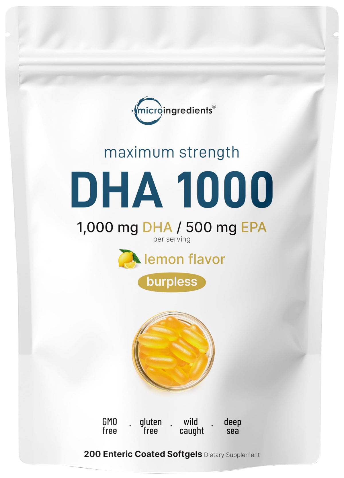 Omega3 Micro Ingredients con sabor a limón, cápsulas suaves para uso diario.