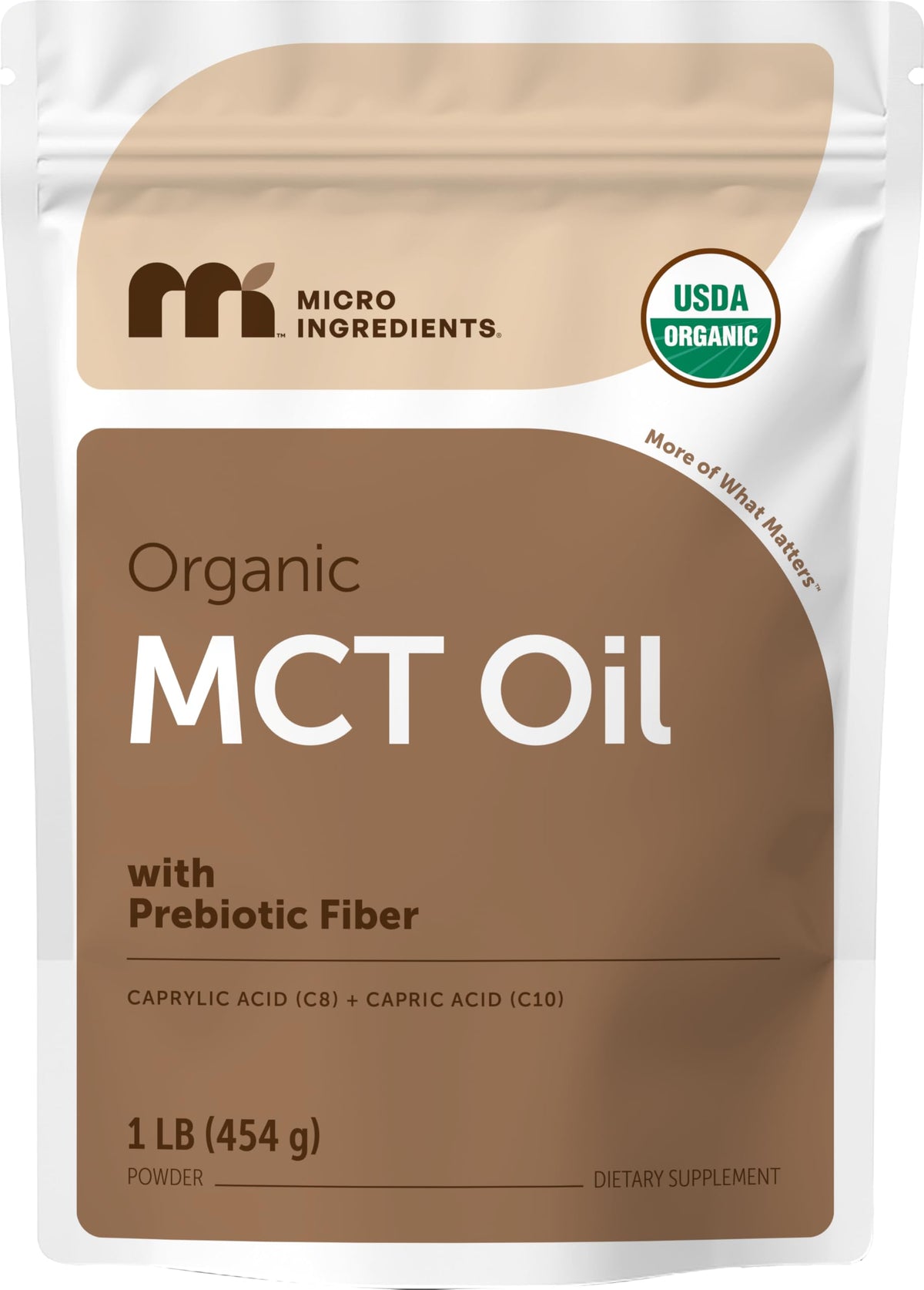 Micro Ingredients MCT en polvo orgánico, botella vertiendo, perfecto para incorporar en bebidas energéticas.