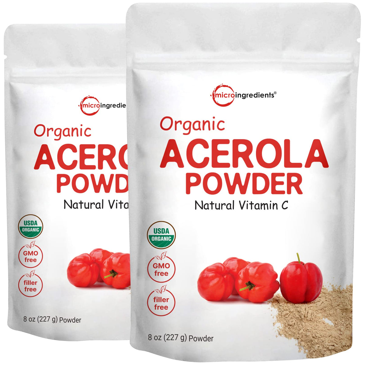 Micro Ingredients polvo Acerola orgánico en empaque dos-pack, fácil de incorporar en batidos