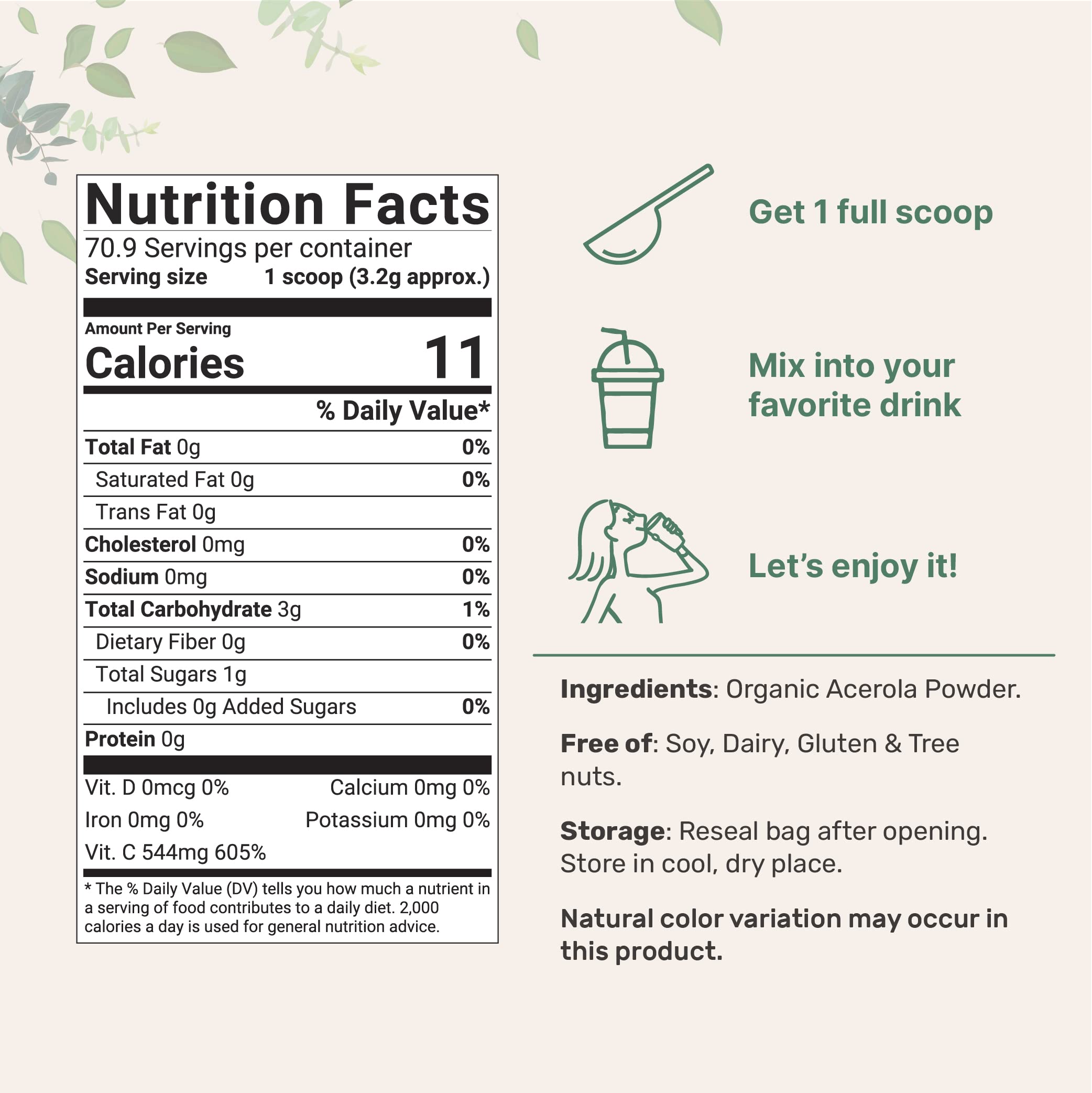 Polvo de Acerola orgánico Micro Ingredients con origen Brasil para batidos y jugos