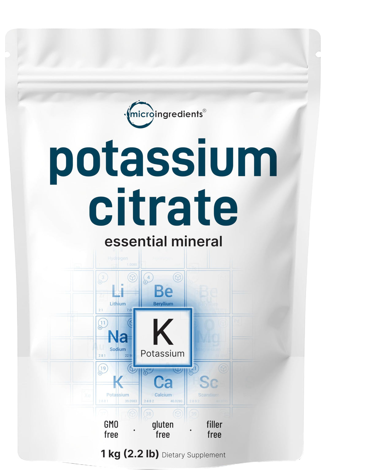 Polvo de citrato de potasio Micro Ingredients, origen EE. UU., favorece la hidratación.