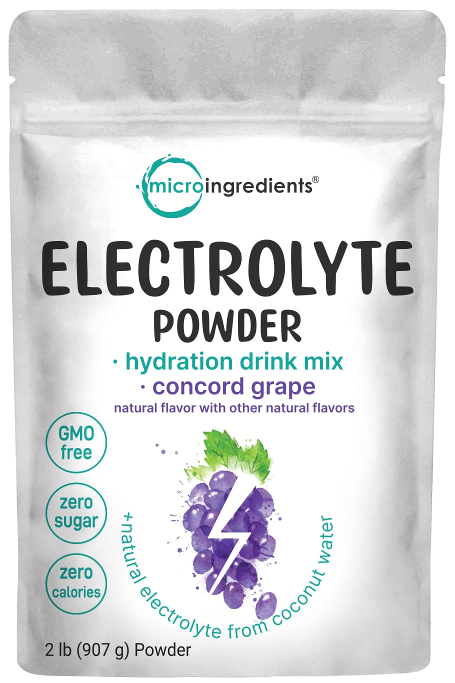 Micro Ingredients polvo electrolito sabor uva Concord en empaque para hidratación diaria