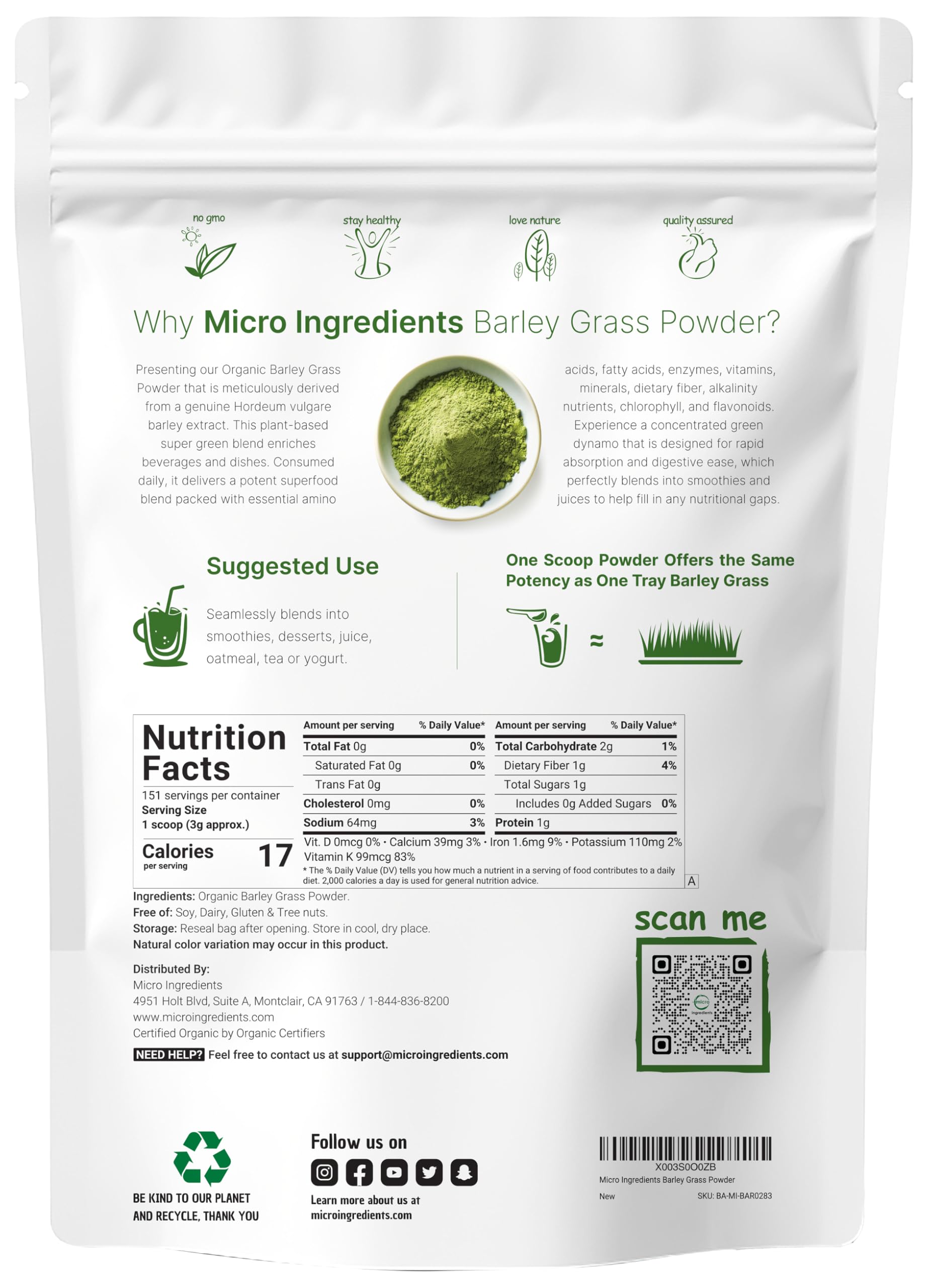 Micro Ingredients polvo de hierba cebada orgánica para aumentar la ingesta de vegetales.