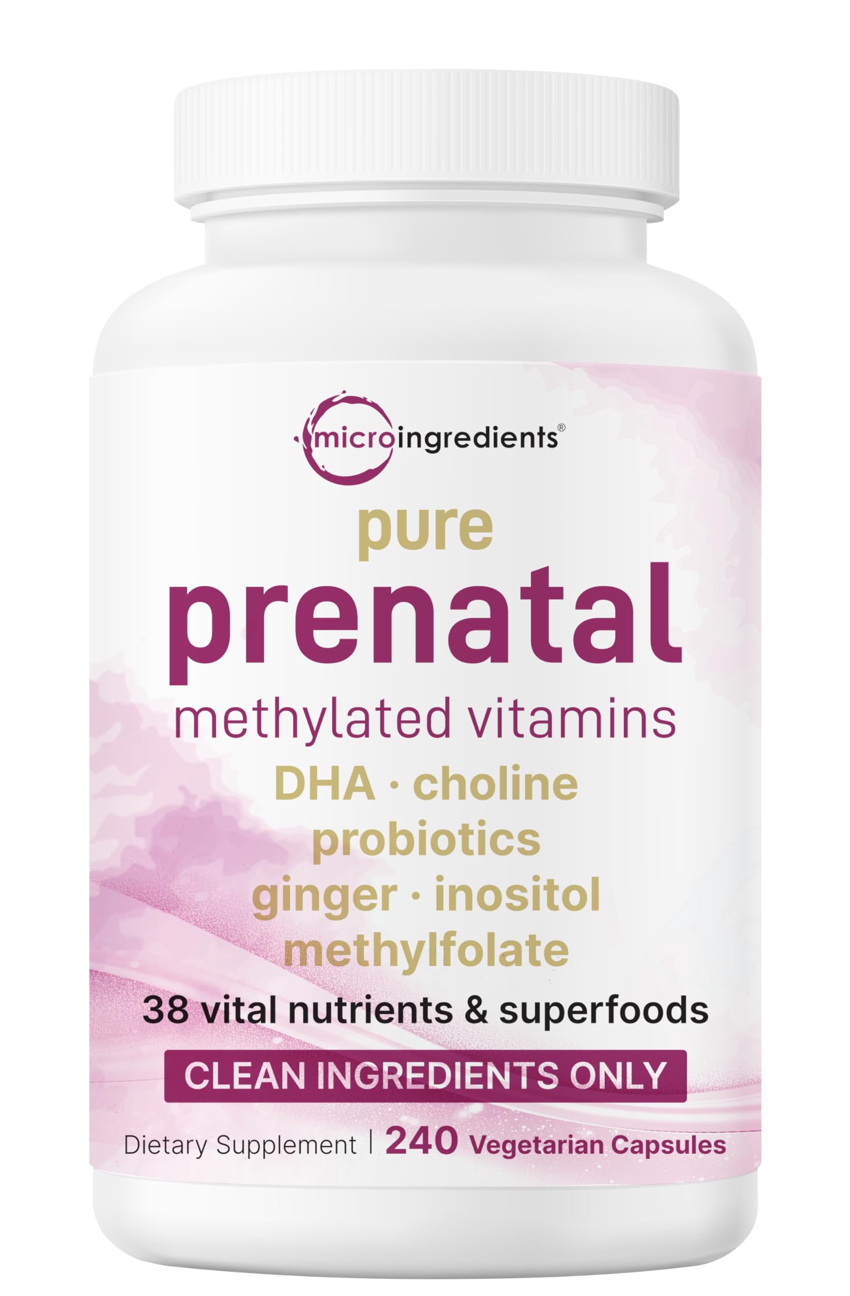 Micro Ingredients Prenatal, botella de cápsulas, apoyo nutricional diario para la madre