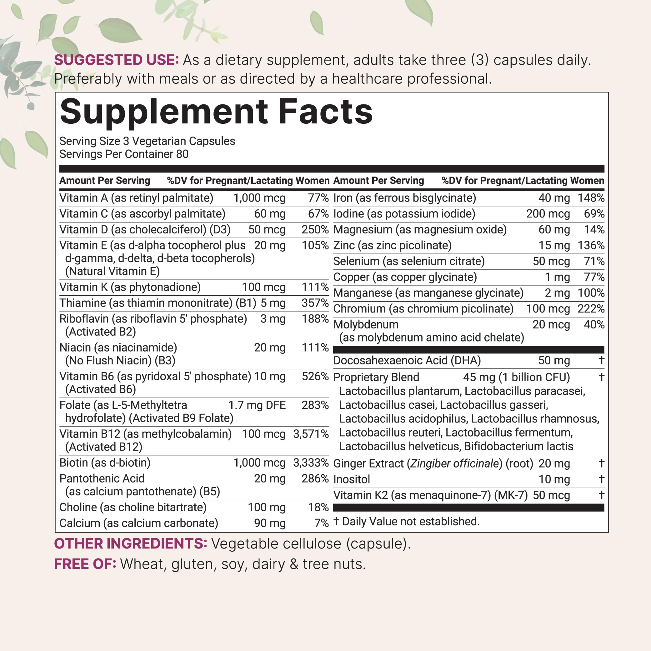 Etiqueta clara de Micro Ingredients Prenatal con información de nutrientes