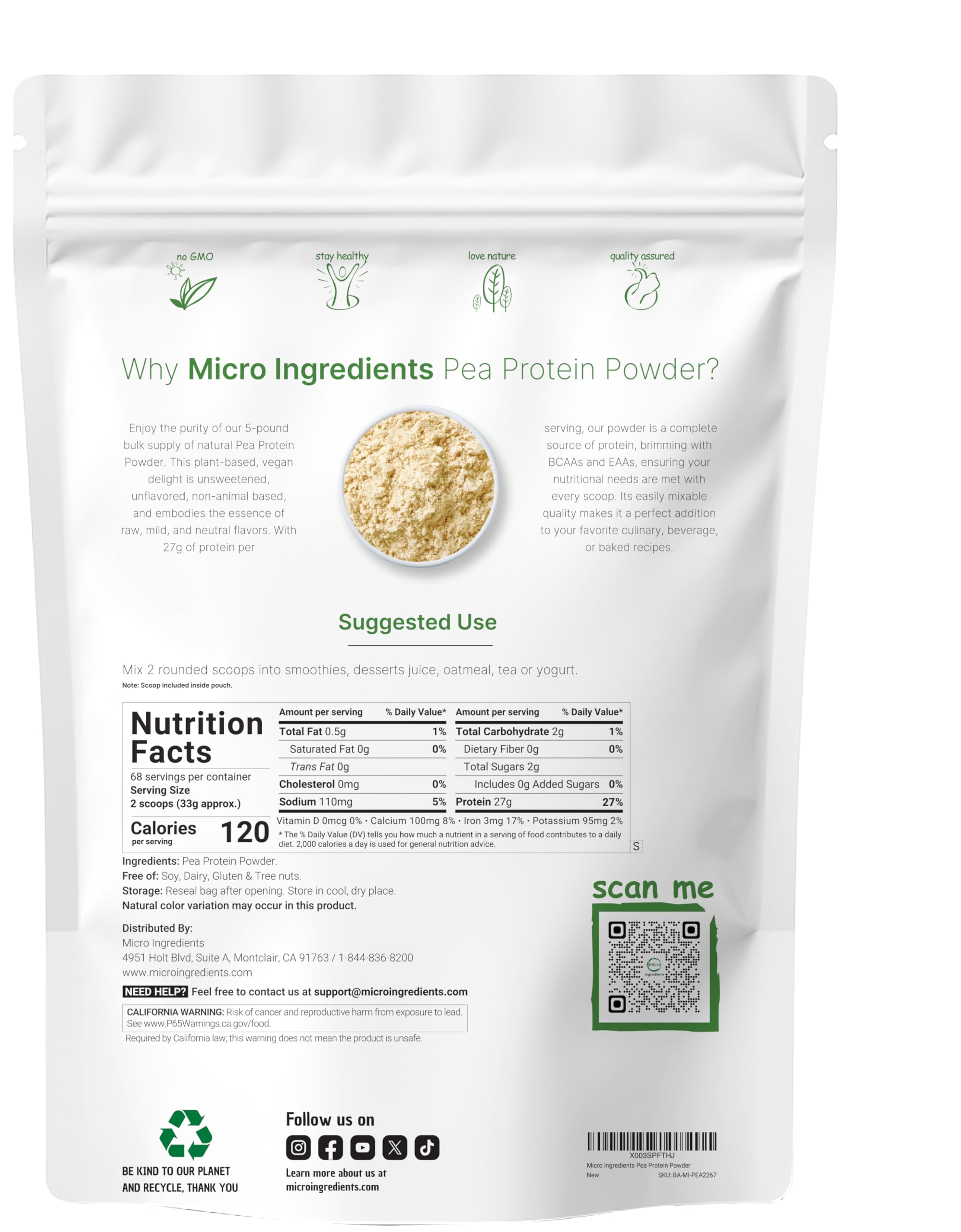 Proteína de guisante Micro Ingredients, frasco con medidor para porciones precisas.