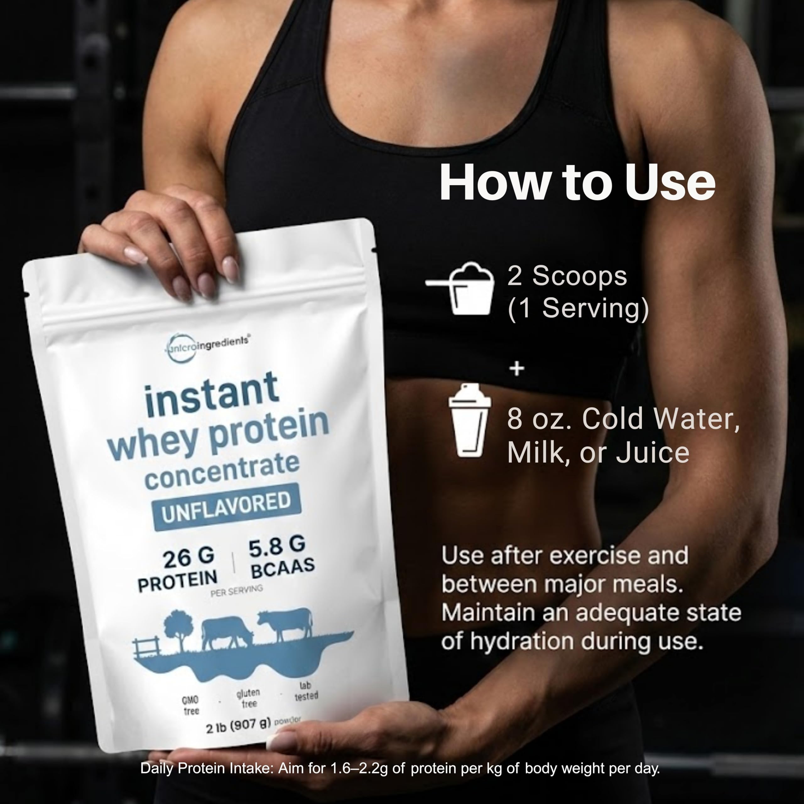 Micro Ingredients proteina whey concentrada instantánea, batido en shaker suave y rápido