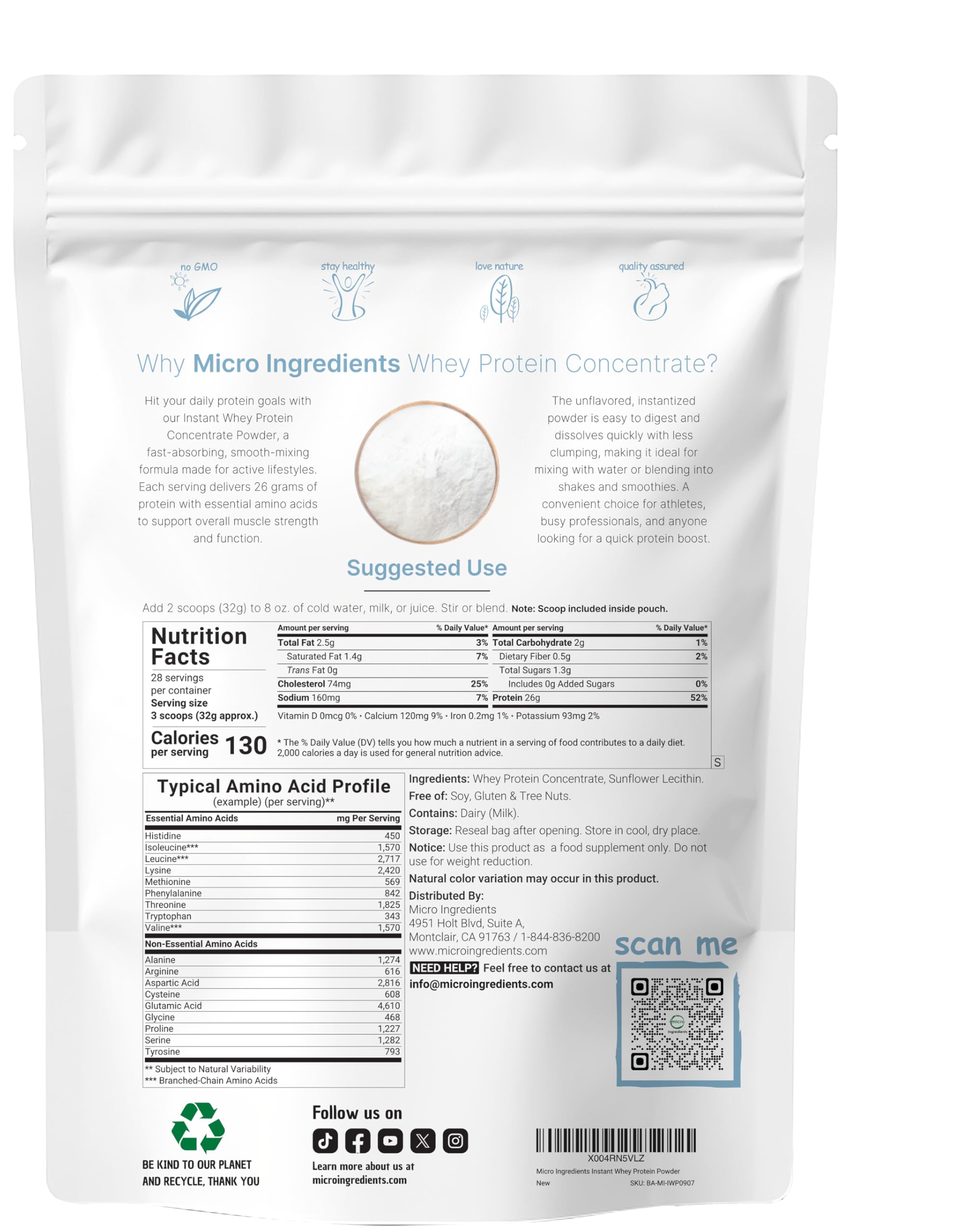 Micro Ingredients proteina whey concentrada instantánea, batido rápido y sin sabor
