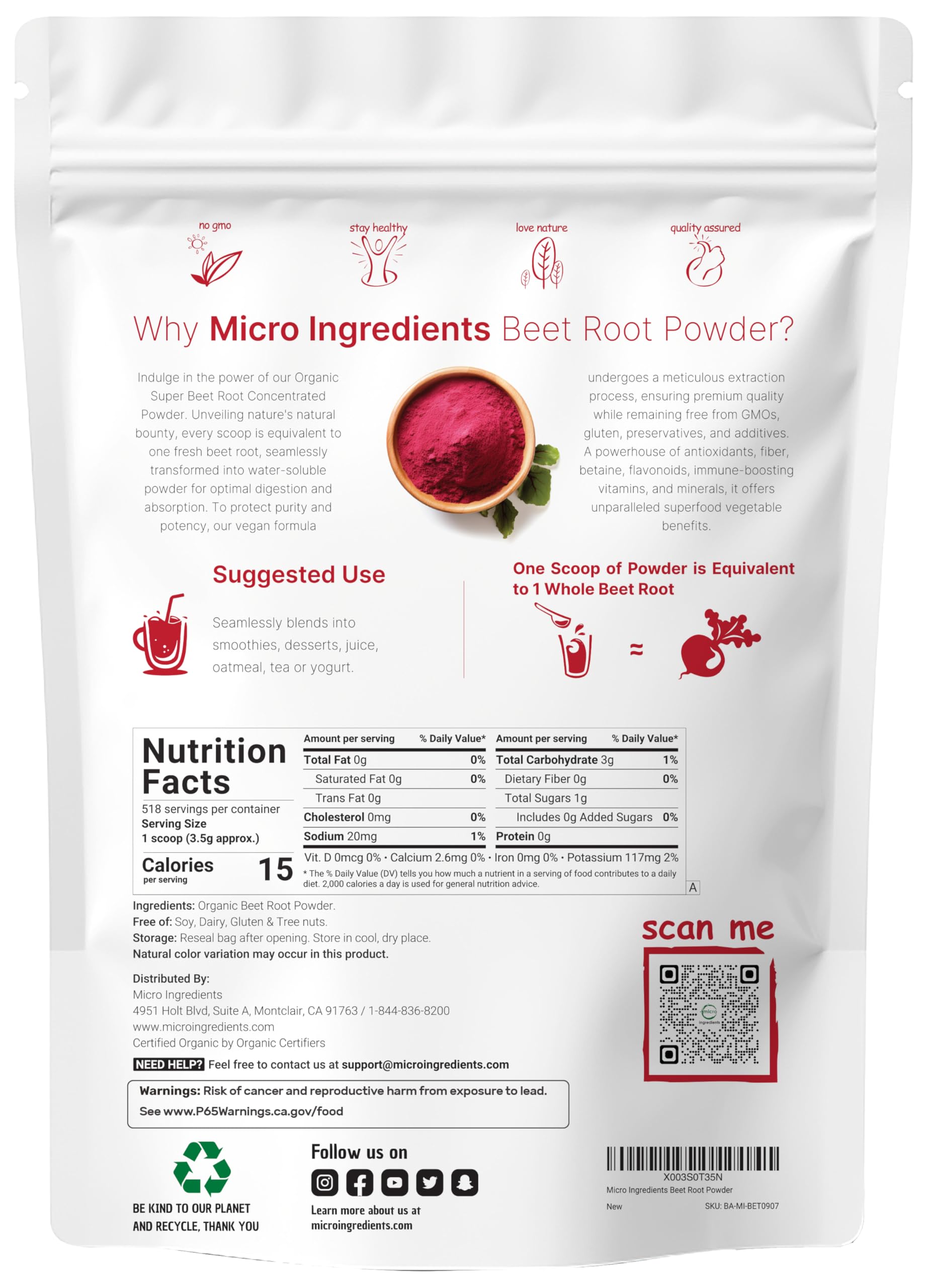 Polvo de remolacha Micro Ingredients para batidos en taza, nutrición rápida