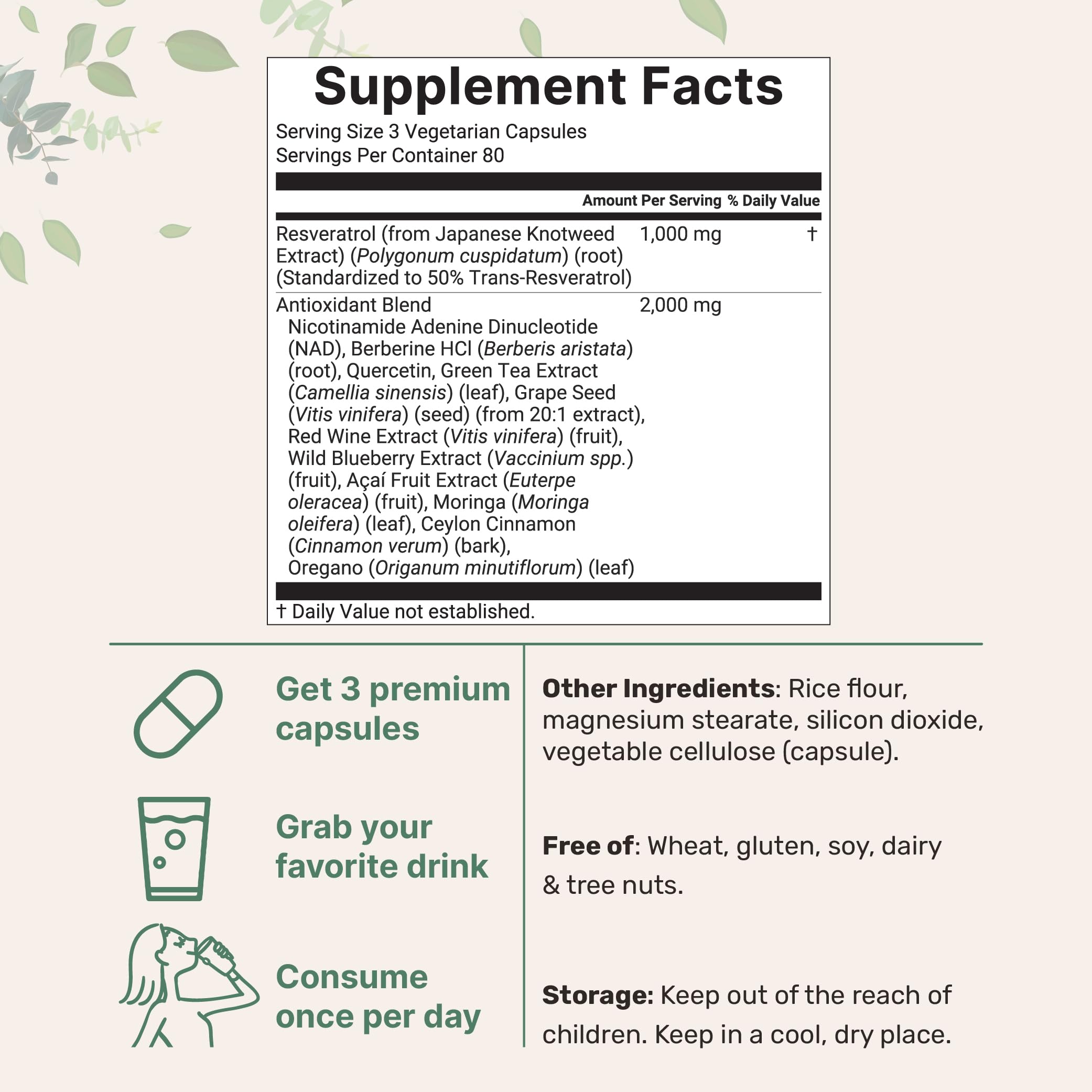 Cápsulas vegetarianas de Resveratrol NAD Complex para consumo diario.