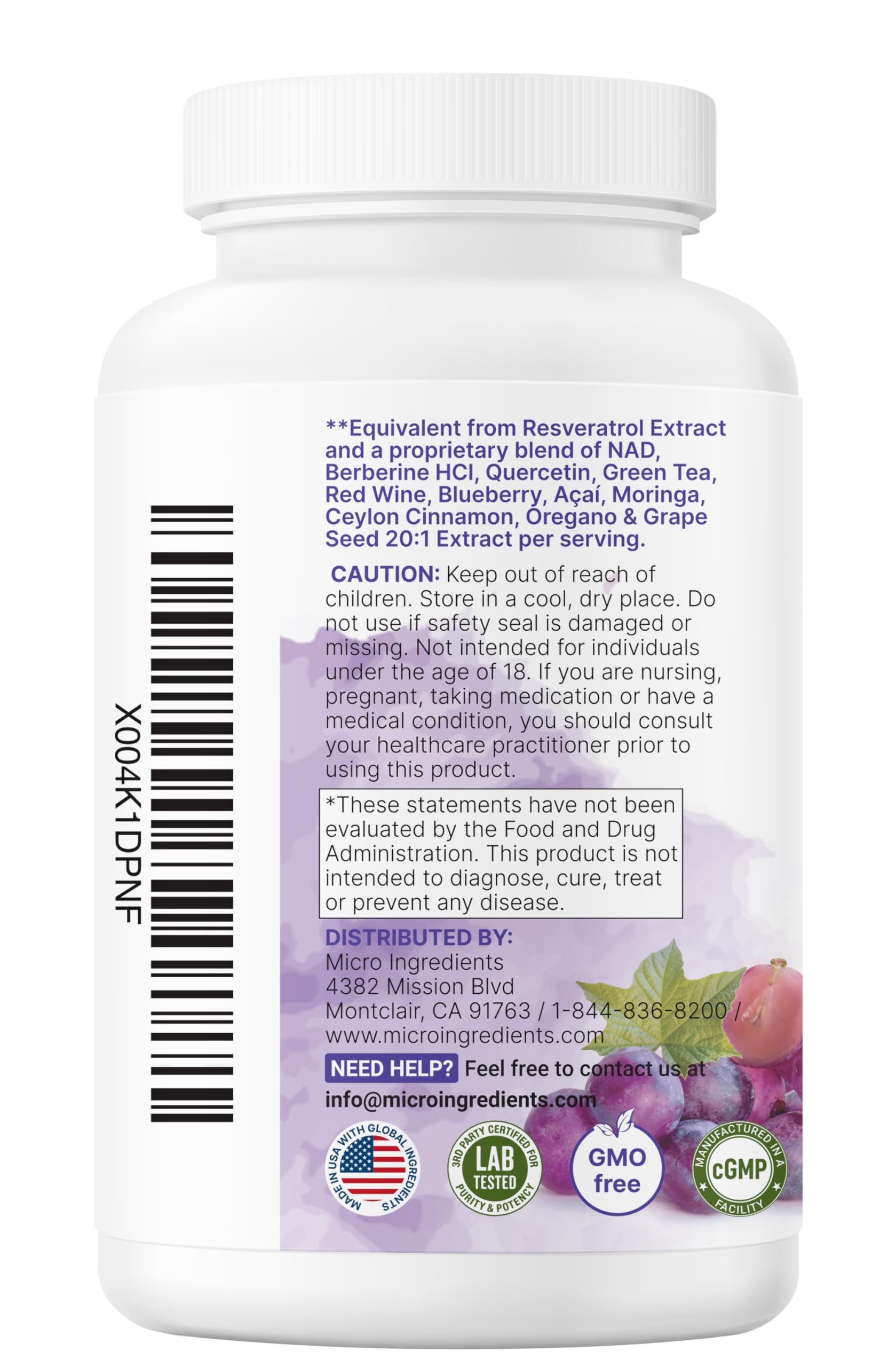 Frasco de Micro Ingredients Resveratrol NAD Complex con sello no-OGM, apto para dietas libres de alérgenos.