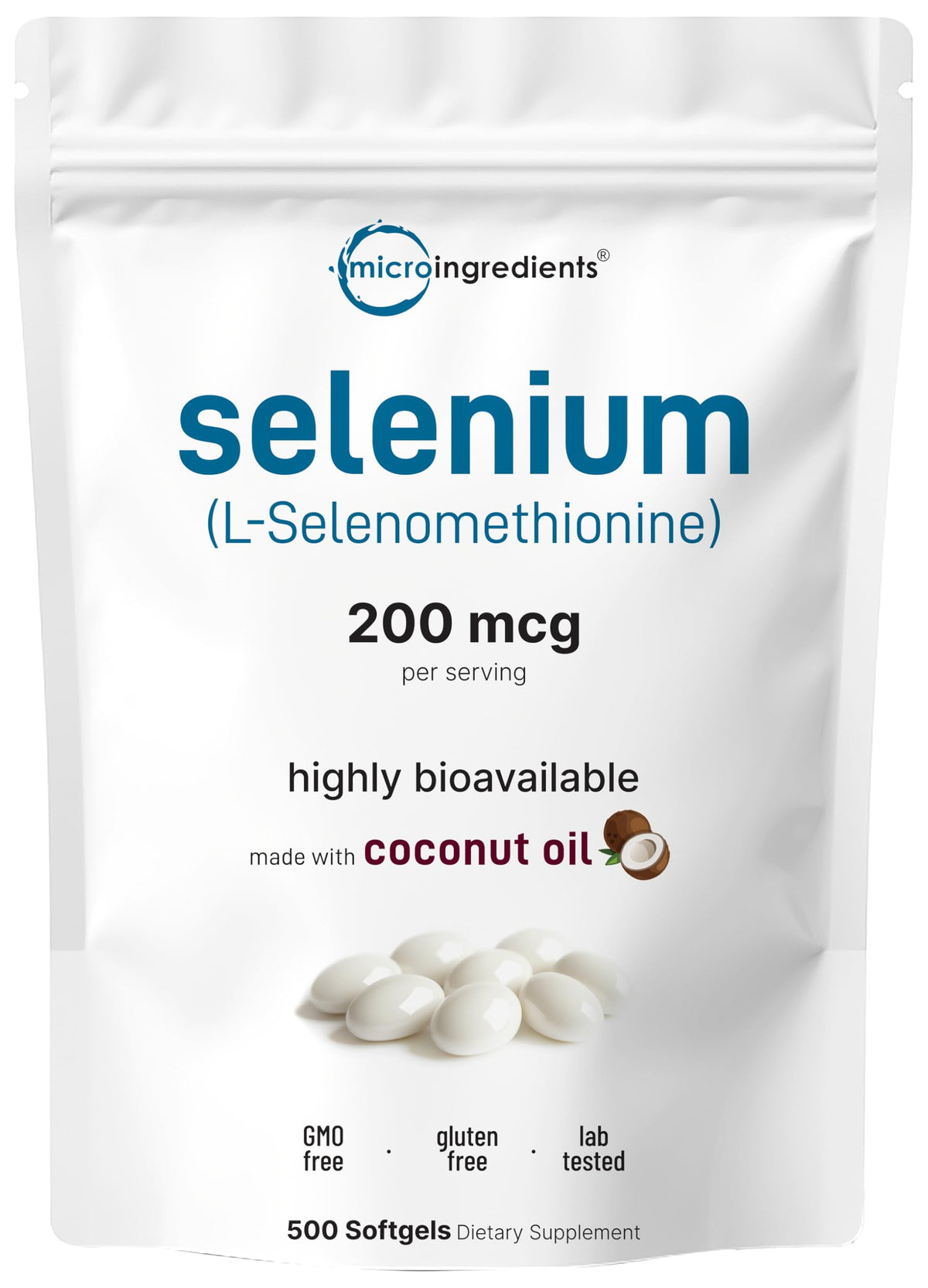 Micro Ingredients Selenium: cápsulas blandas en bote para uso diario.