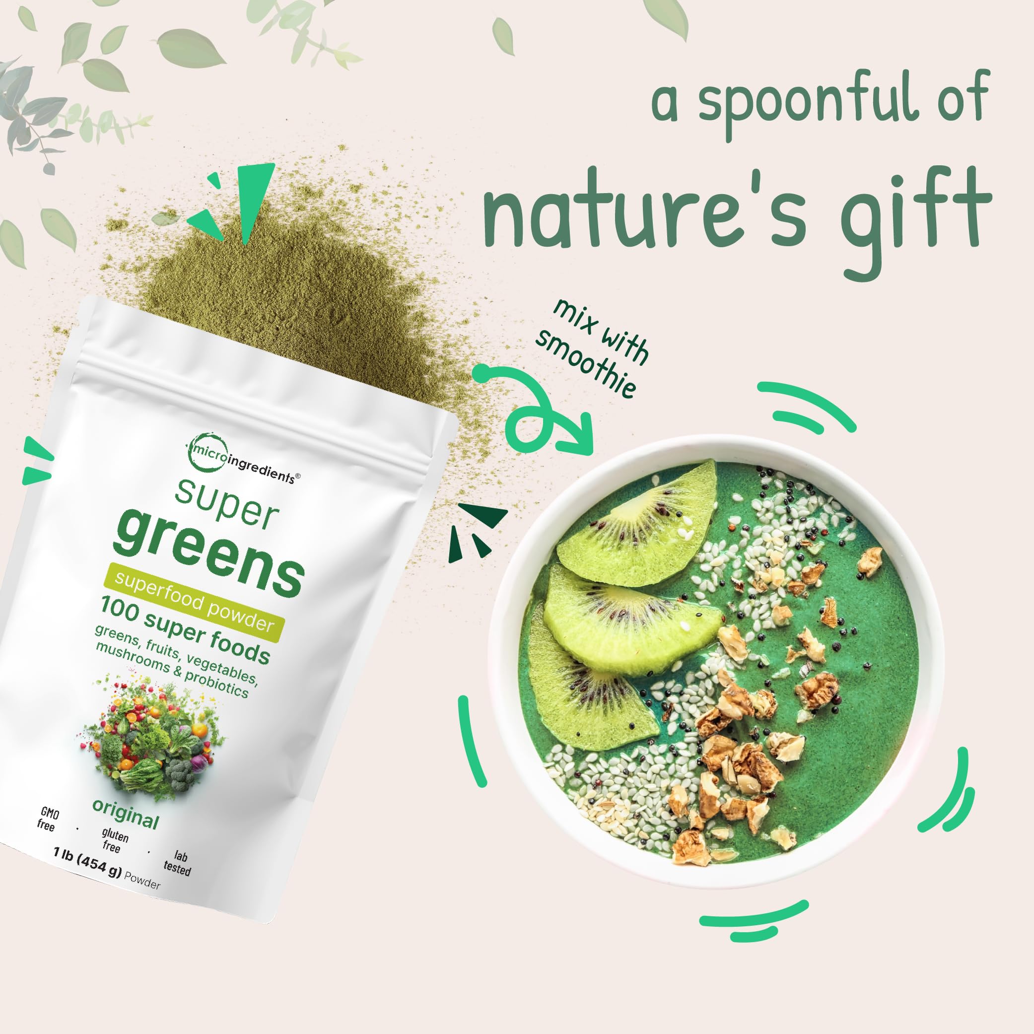 Micro Ingredients Super Greens Powder para mejorar la absorción de nutrientes gracias a enzimas.
