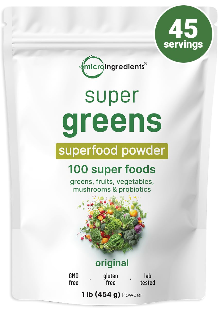 Micro Ingredients Super Greens Powder en envase compacto para uso diario y conservación de nutrientes.