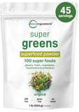 Micro Ingredients Super Greens Powder en envase compacto para uso diario y conservación de nutrientes.