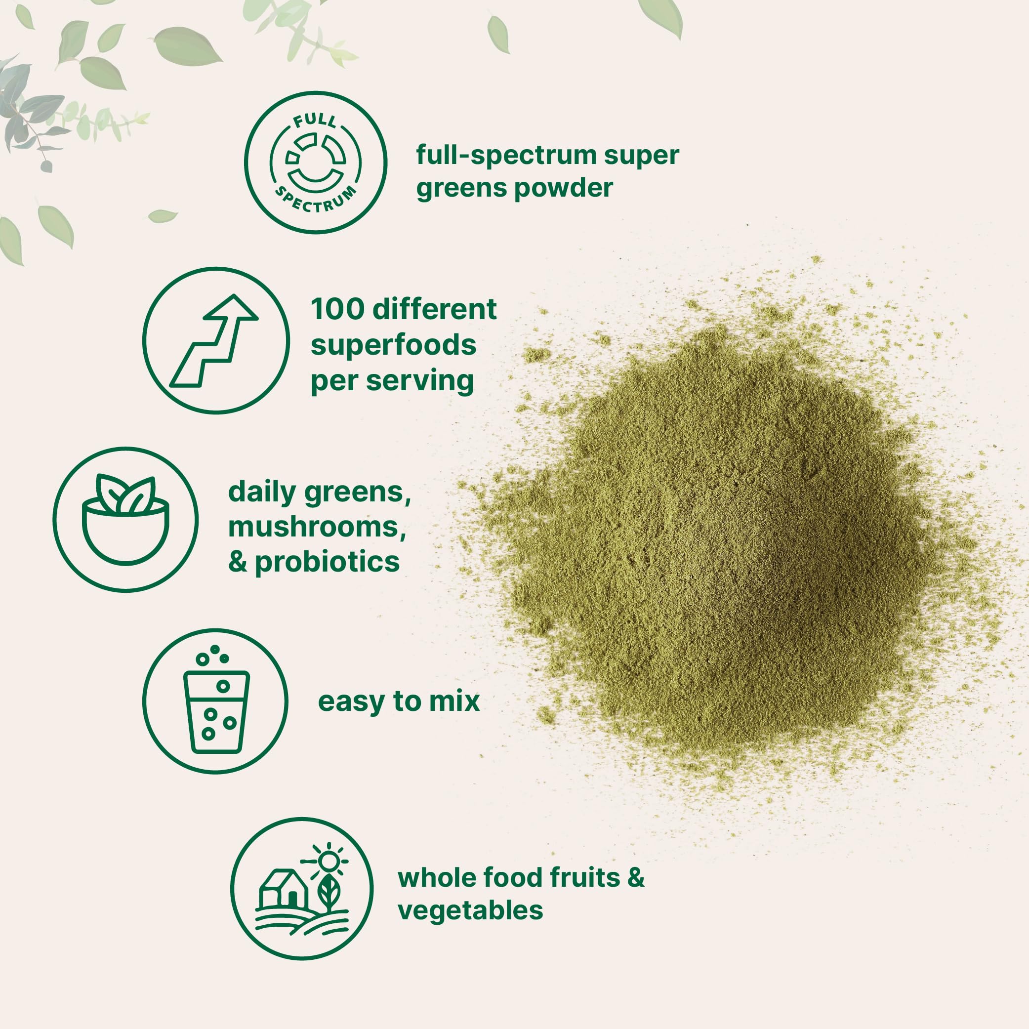 Micro Ingredients Super Greens Powder mostrando kale y arándano para antioxidantes y sabor.