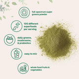 Micro Ingredients Super Greens Powder mostrando kale y arándano para antioxidantes y sabor.